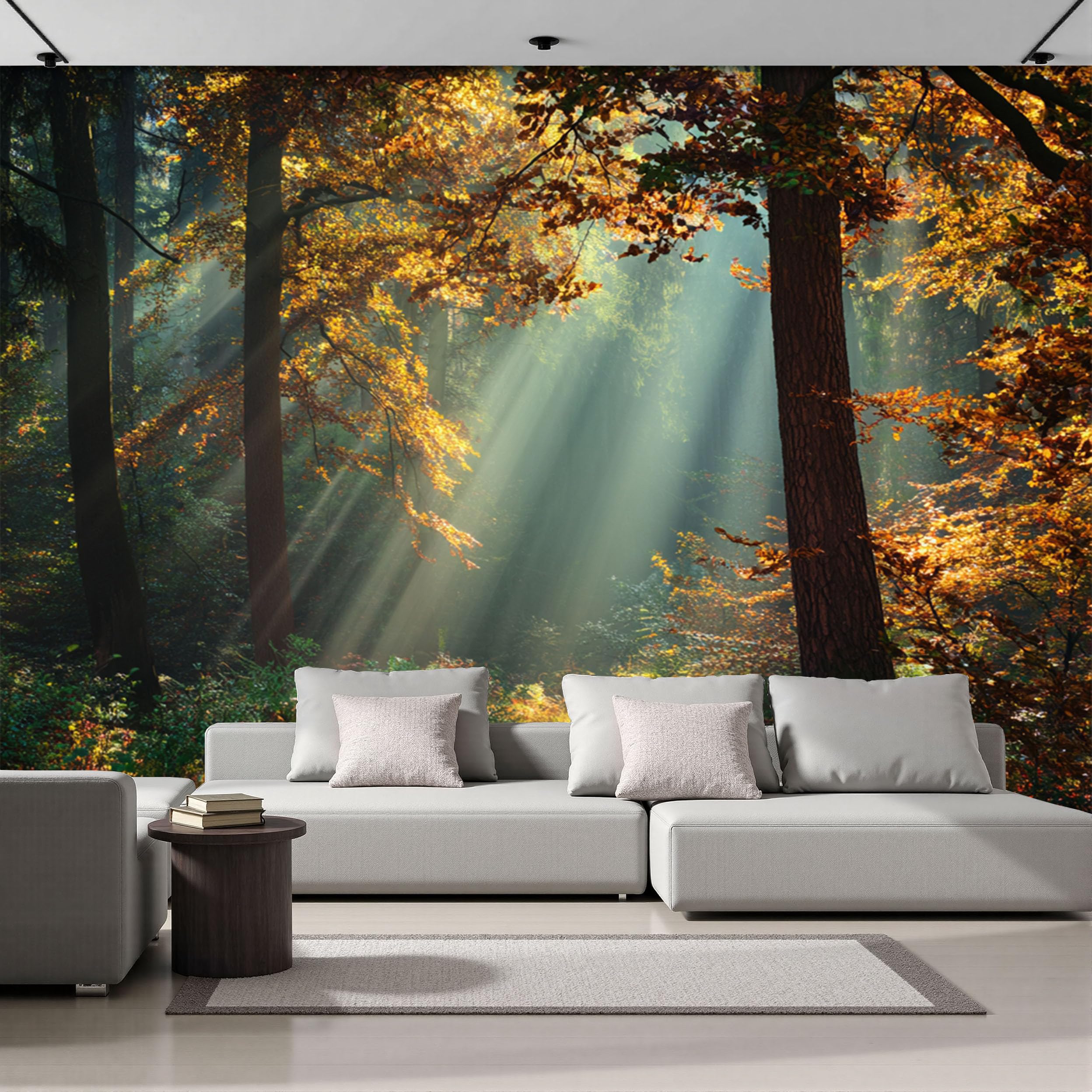 Papier peint panoramique 3D forêt lumière du soleil jaune doré 400x280
