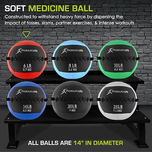 Miniatura 3 de ProsourceFit Bolas medicinales blandas, bolas de pared y ejercicios dinámicos de cuerpo completo, pesos codificados por colores 6, 10, 14, 20 Lb.