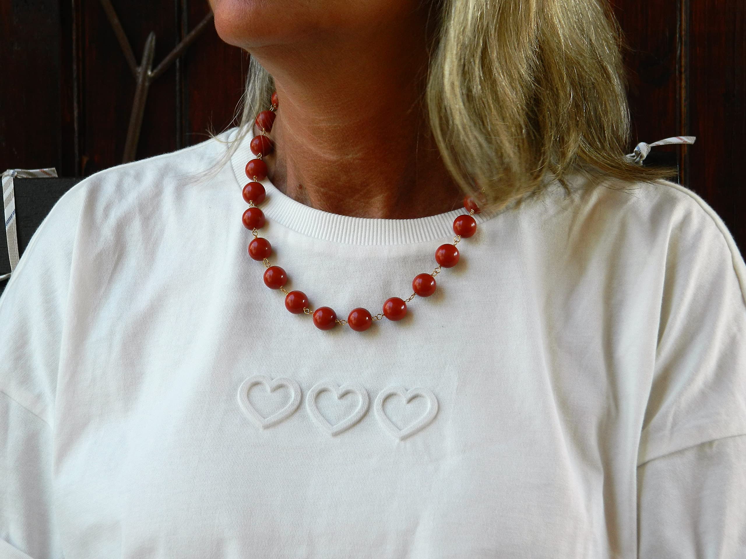 Collana Donna Girocollo con Palline 12 mm e Goccia in Pasta di Corallo Rosso Sardegna – Argento 925 Placcato Oro – Handmade in Italia – Elegante, Anallergica – DodiGioielli