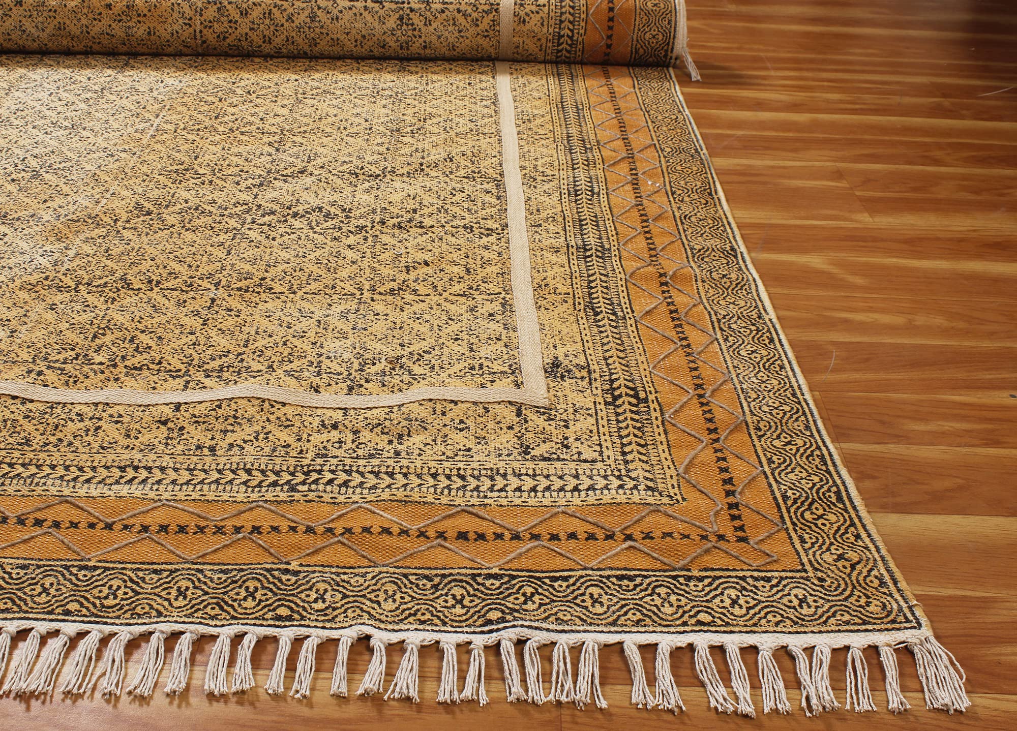 Baumwolle Dhurrie Boho Kelim Handgefertigter Teppich Handblockdruck Teppiche Flachgewebe Überwurf Teppich Indoor Esszimmer Dekor Teppich Boho Kelim 120 x 450 cm (4 x 15 Fuß Läufer)