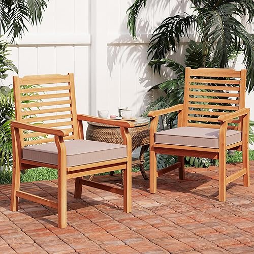PHI VILLA Juego de 2 sillas de comedor de madera de acacia para exteriores con cojines, juego de 2 sillones de madera con acabado aceitado para