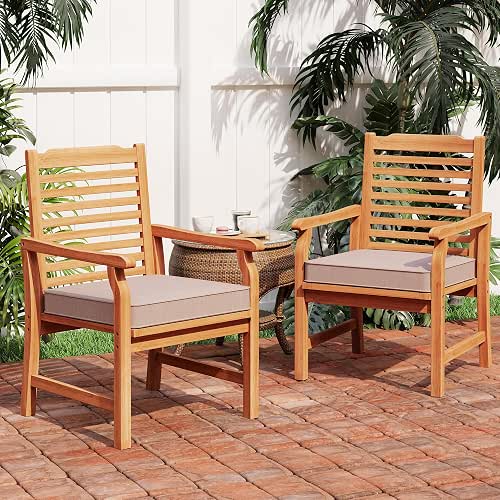 PHI VILLA Acacia Wood Outdoor Dining Chairs with Cushions, 2