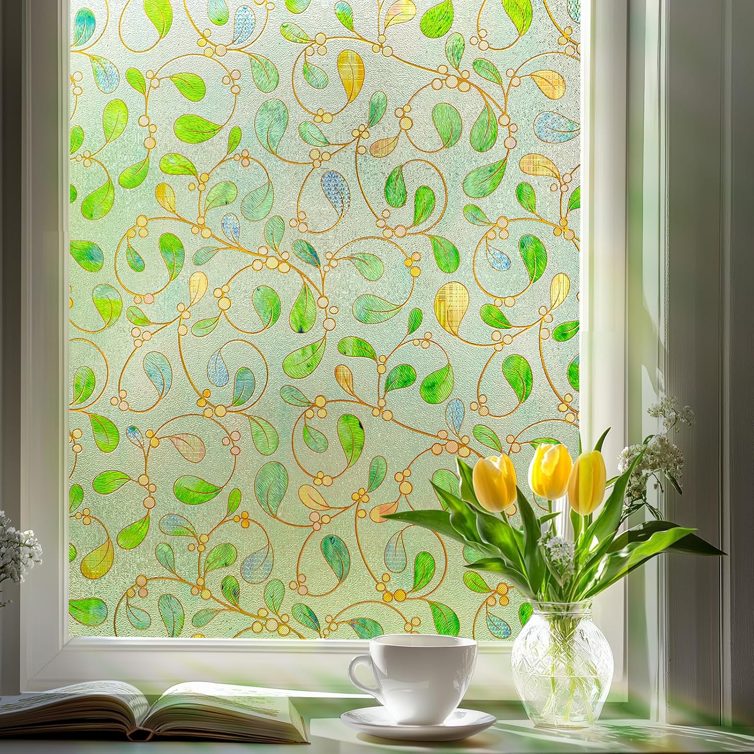 OHTMERU 3D Stained Glass Window Privacy Film, Heat Control UV Blocking Static Cling Decorative Window Film for Bathroom,Front Door,Home Non Adhesive 23.6 x 35.4 inches Gossamer Greensward