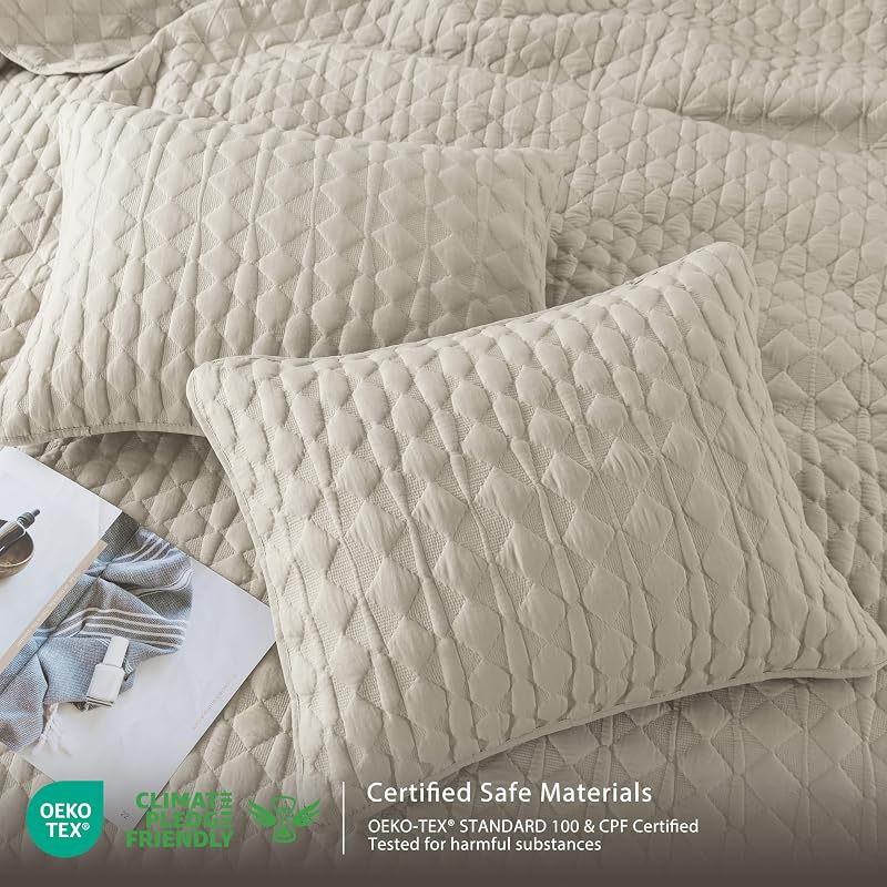 WDCOZY Light Beige Quilt King Size Bedding Set with 2 Pillow Shams, Lightweight Soft Bedspread Coverlet, Thin Comforter Bed Cover for All Season, 3 Pieces, 104x90 inches image 6