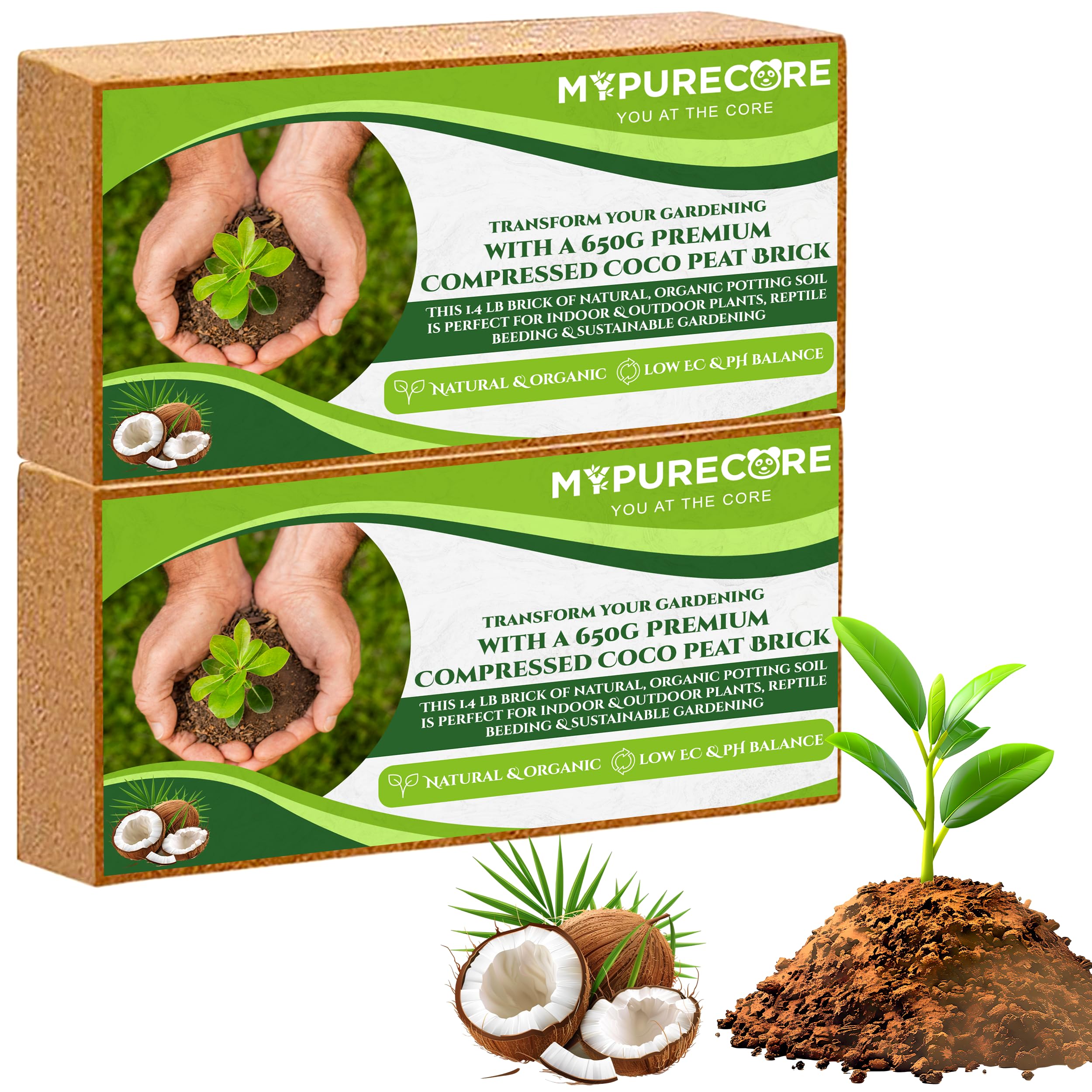 MYPURECORE 2 x 650g Organic Coco Coir Bricks, Natural Coconut Fiber for Indoor & Outdoor Plants, Tortoise Bedding