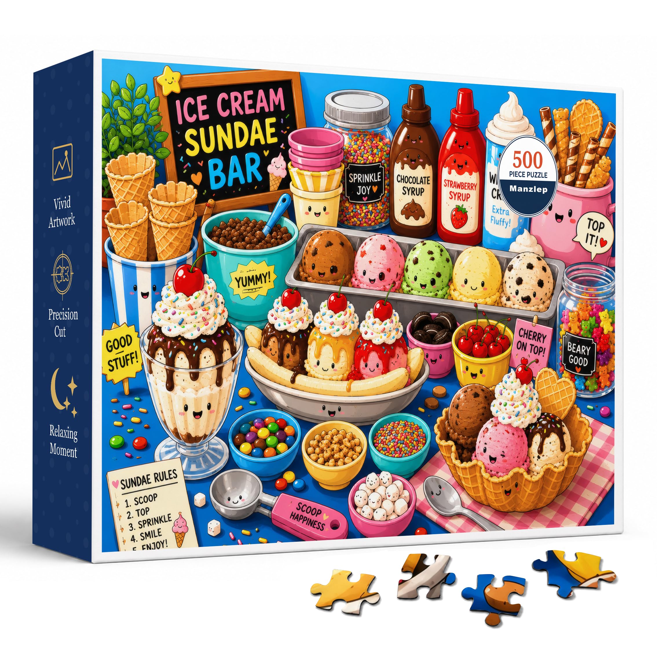 Colorful Ice Cream Sundae Bar 500 Piece Jigsaw Puzzle for Adults & Teens, Cute Dessert Shop Scene with Scoops, Syrup Bottles, Waffle Cones, Sprinkles, Cherries, Whipped Cream and Kawaii Food Art