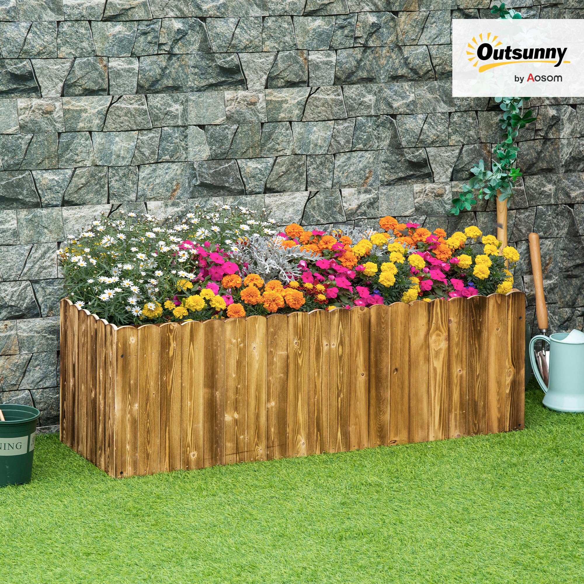 Outsunny Jardinera Exterior Grande de Madera 120x40x40 cm Carbonizada | Huerto Urbano Elevado, Fondo Abierto, Cultivar Plantas Flores Hierba, Macetero Exterior Rectangular, Jardín Terraza