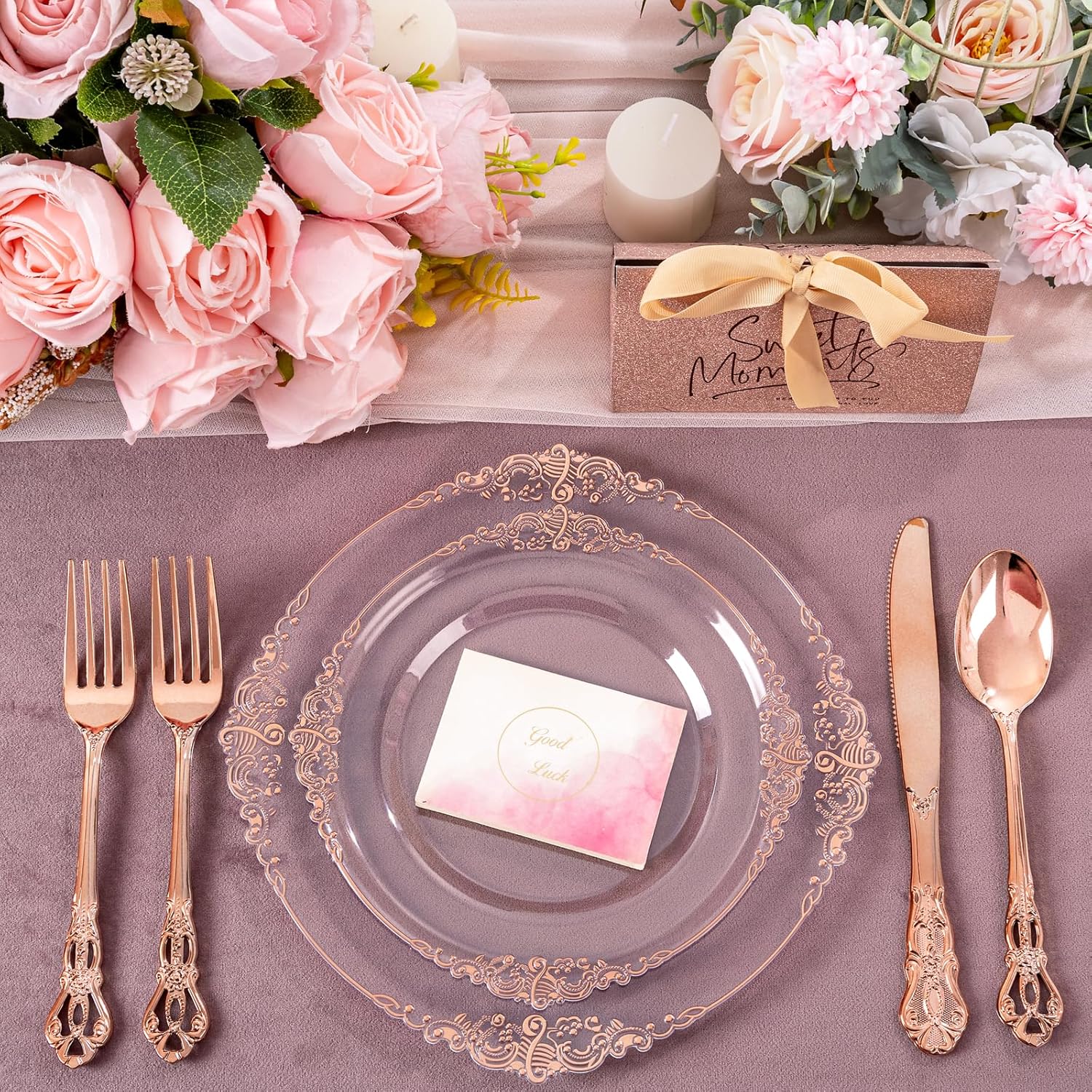 102pcs rose gold plastic plates - clear rose gold plate - heavy duty disposable plates - fancy disposable dinner & dessert plate for 51 guests for party & wedding clear rose 7.5inch/10.25inch