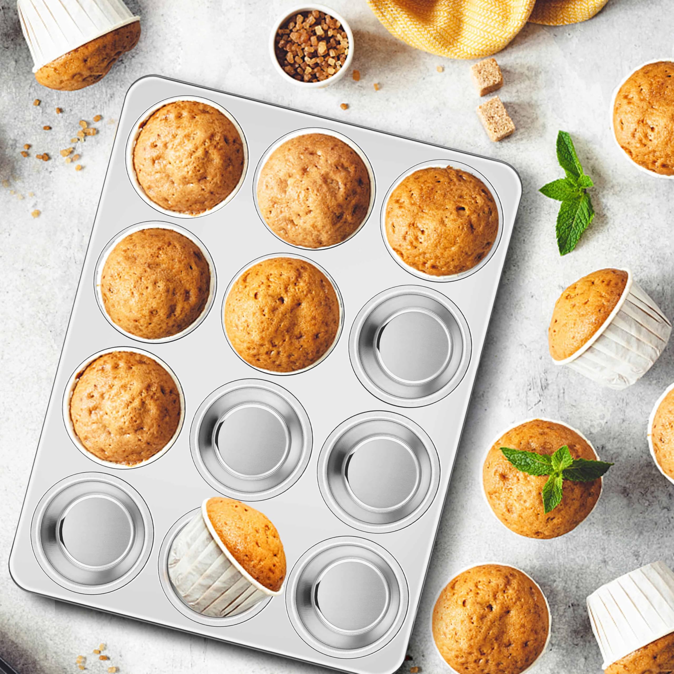 Homikit Muffinform aus Edelstahl, mit 12 Förmchen, normale Größe, antihaftbeschichtet, Metall, Cupcake-Eierbeißform zum Backen, ungiftig und rostfrei, ofen- und spülmaschinenfest, 3 Stück