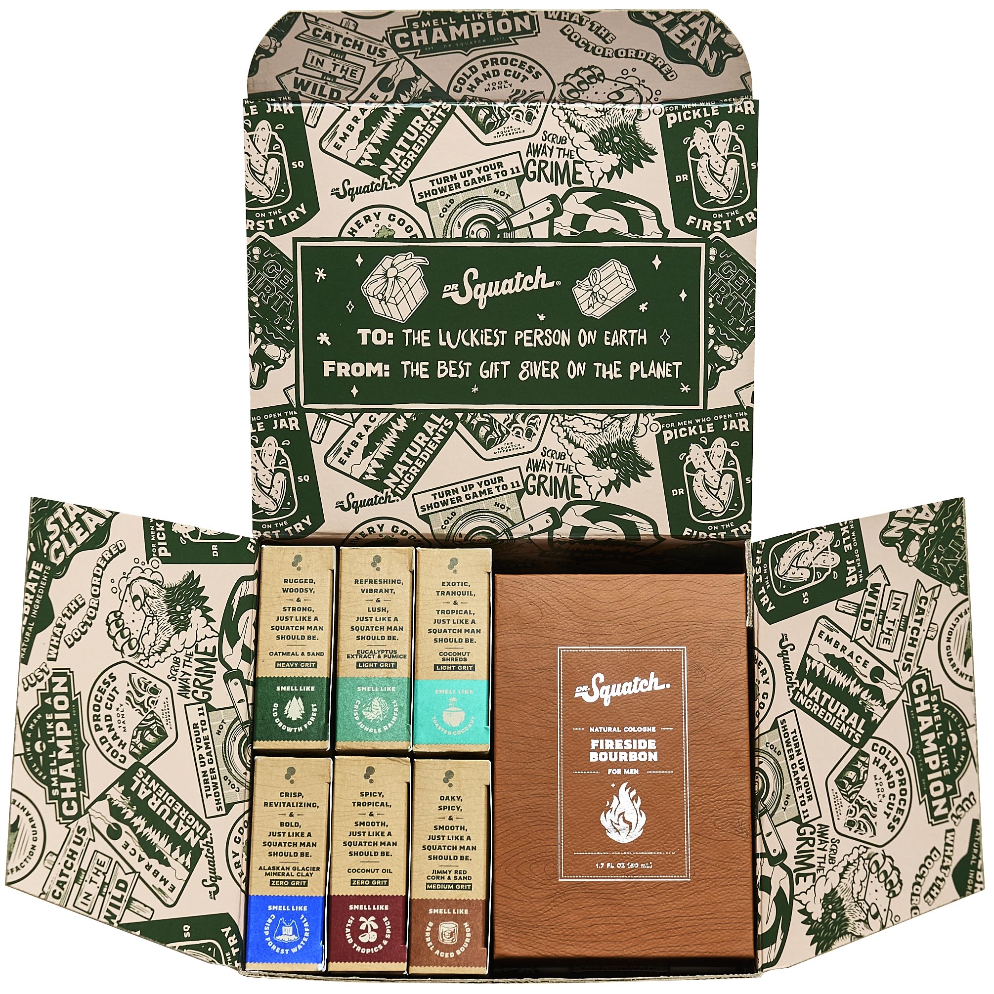 Dr. Squatch 2025 Holiday Bundle - Men's Natural 6 Soap and 1 Cologne Gift Set - Cold Process Soap with No Harsh Chemicals + Natural Cologne Made With Sustainably-Sourced Ingredients
