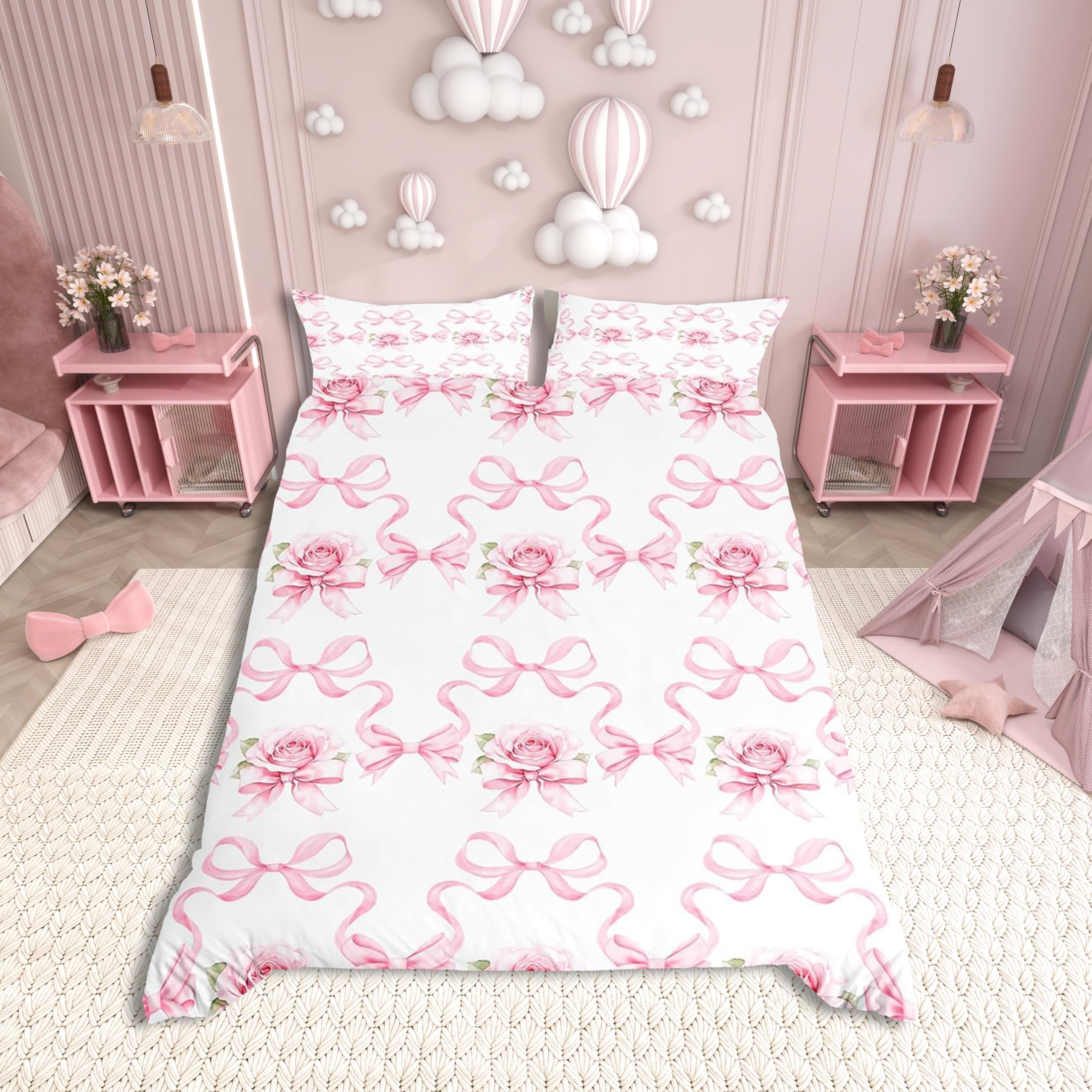 Flowers Bow Duvet Cover King Size,Romantic Pink Roses Valentine's Day Theme Bedding Set 3 Pcs for Teens Adults,Princess Bowknot Bow-tie Ribbon Stripes Comforter Cover(No Filler) — image 1