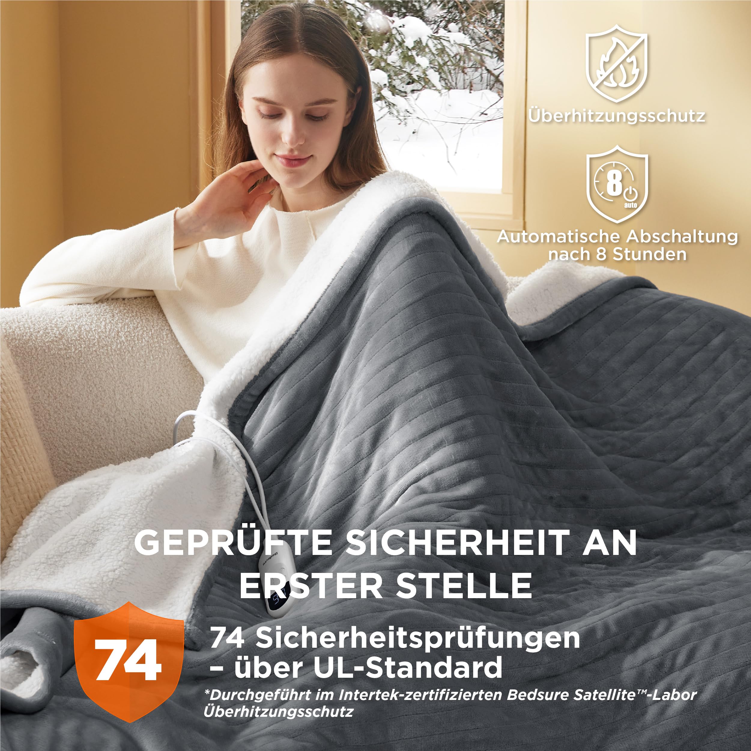 BEDSURE Heizdecke Wärmedecke Elektrische Kuscheldecke - Geschenke für Frauen - mit Abschaltautomatik, 6 Heizstufen & 10 Stunden Timer - bis zu 8 Stunden Überhitzungsschutz für Home & Office, Grau
