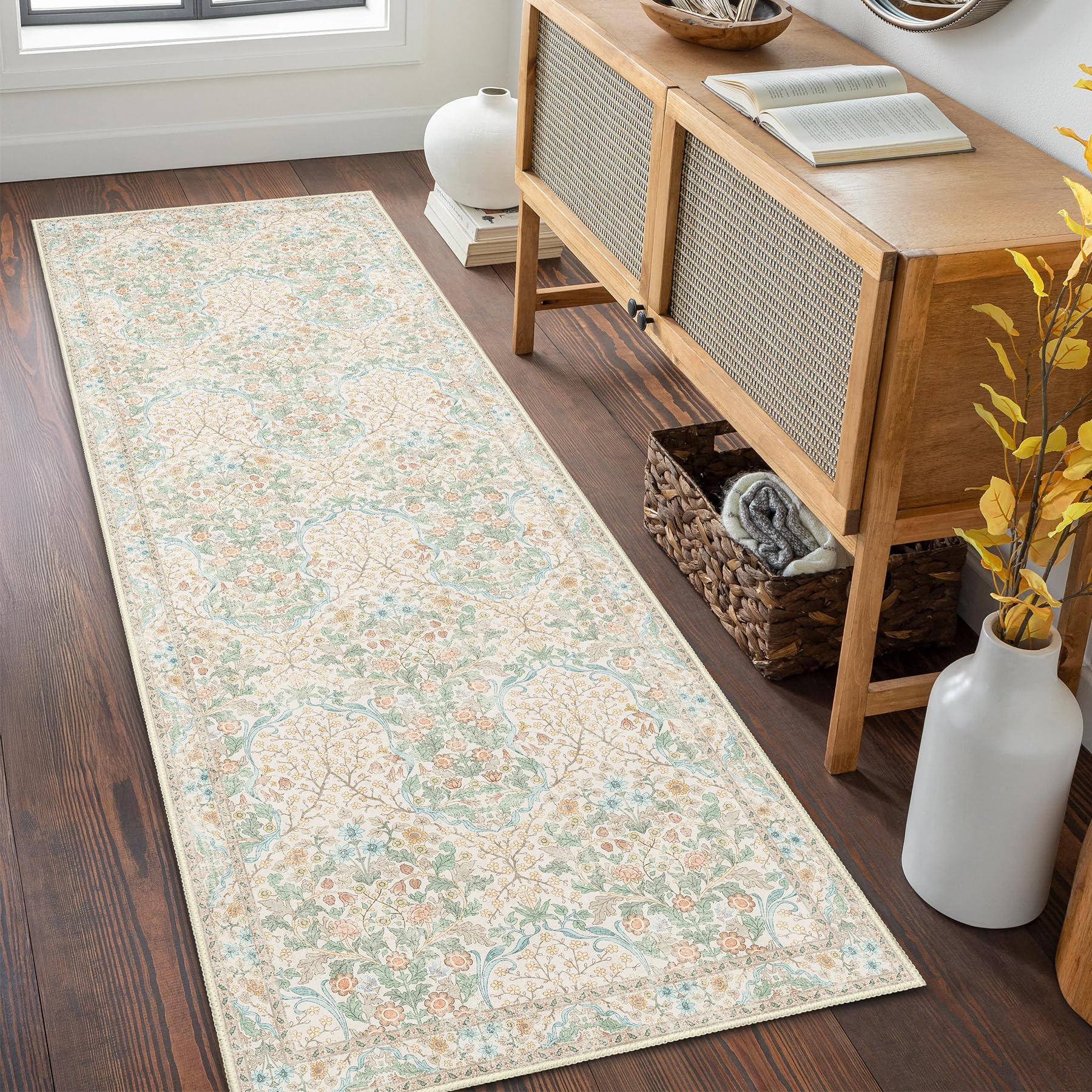 MUJOO Washable Runner Rug,Floral 2x6 Runners for Hallway Kitchen Bedroom Bedside Bathroom Laundry Room,Long Non Slip Throw Carpet Boho Indoor Neutral