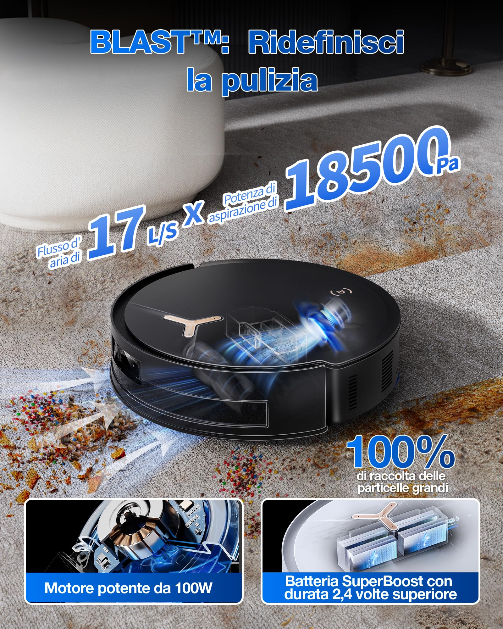 ECOVACS DEEBOT T50 MAX PRO Omni Gen2 Robot aspirapolvere con funzione di pulizia, 18.500Pa, ZeroTangle 2.0, pulizia profonda per tappeti, spazzola laterale estraibile e modulo di pulizia