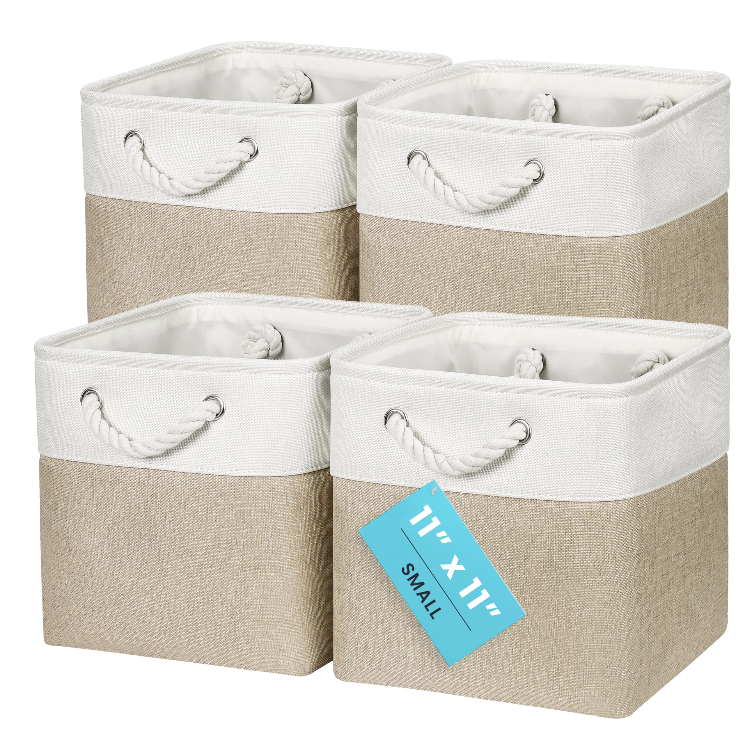 OrganiHaus Aufbewahrungsbox 28x28cm 4er-Set, Würfelkörbe aus Stoff mit Seilgriffen, Faltbare Aufbewahrungswürfel für Kallax Organizer, Ablagekörbe für das Kinderzimmer Beige/Weiß