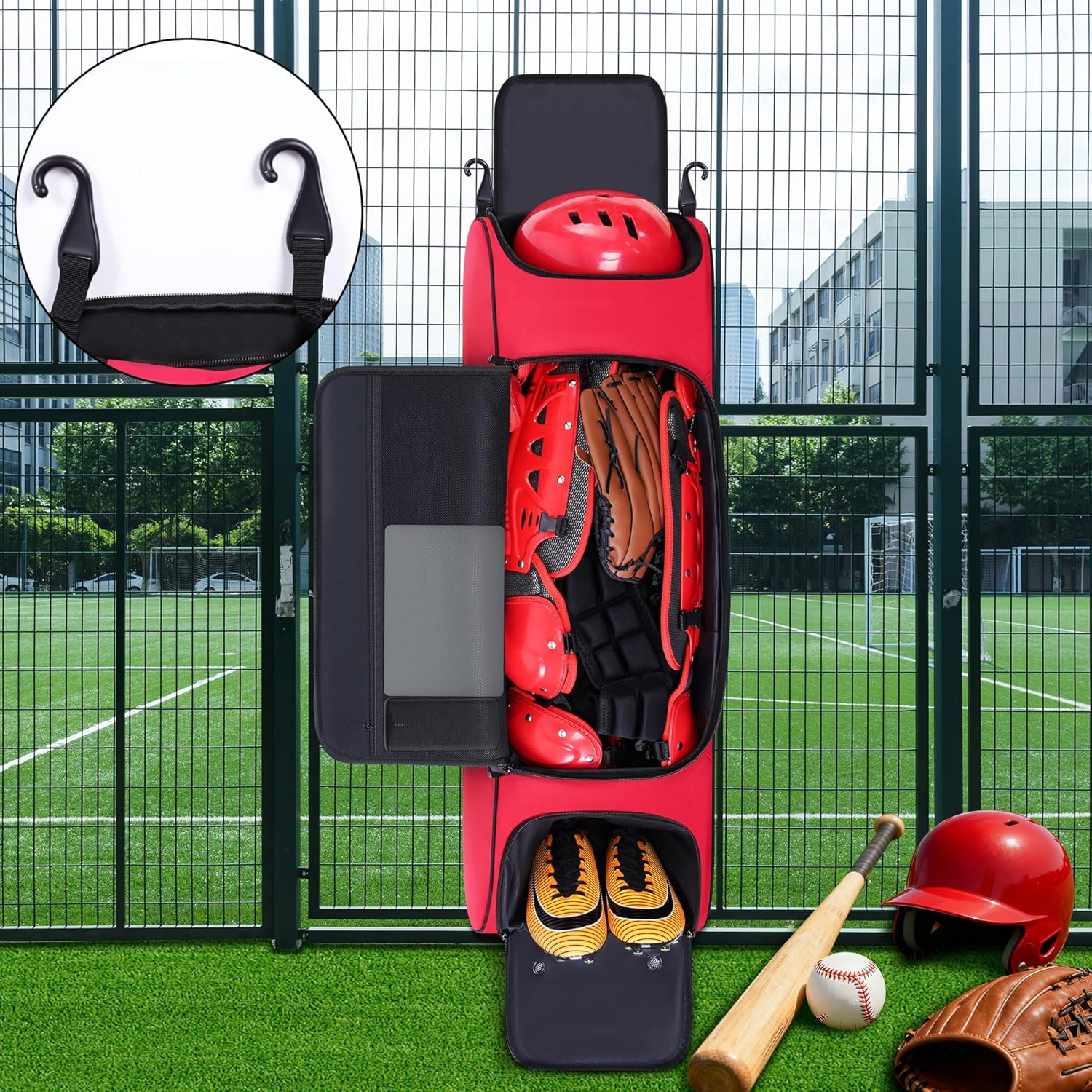 Large Rolling Catcher Gear Bag, Soft Baseball Bag With Wheels for 4 Bats, Multi-Pockets, Fence Hook, Holds All Softball Baseball Equipment