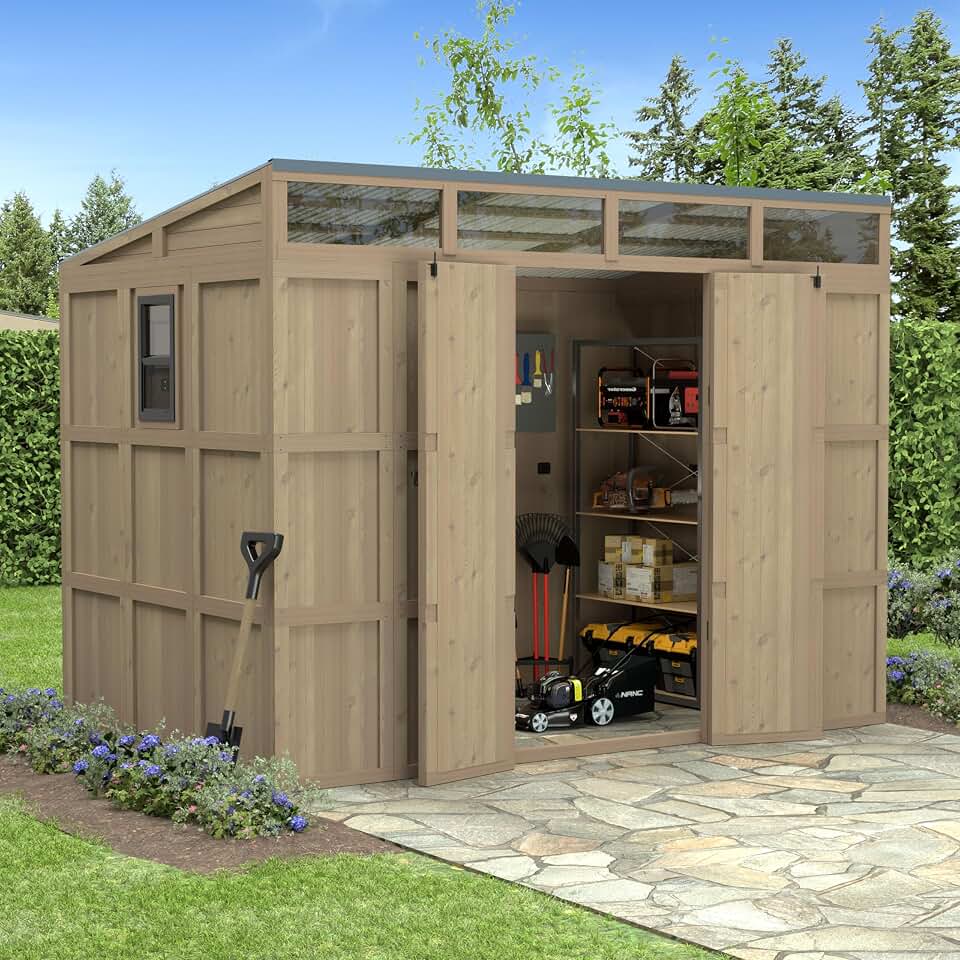 BlueWish 6x10 FT Outdoor Wood Storage Shed with Lockable Doors, Window & Galvanized Steel Roof, PC Transparent Skylight, Tool Storage Shed, Patio Utility Tools Bicycles Storage for Garden, Backyard