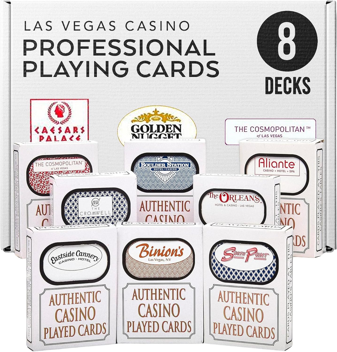 Authentic Las Vegas Casino Playing Cards - 8 Deck Bundle (No Jokers) - Used Casino Cards with Cut Corners, Standard Size - Designs from Assorted Casinos - Perfect for Poker, Blackjack, Rummy & More