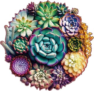 MysAurora 1000 Piece Mandala Succulent Plants Wooden Puzzle - Unique Shaped Jigsaw for Adults, Challenging Family Game 23.4" x 22.6"
