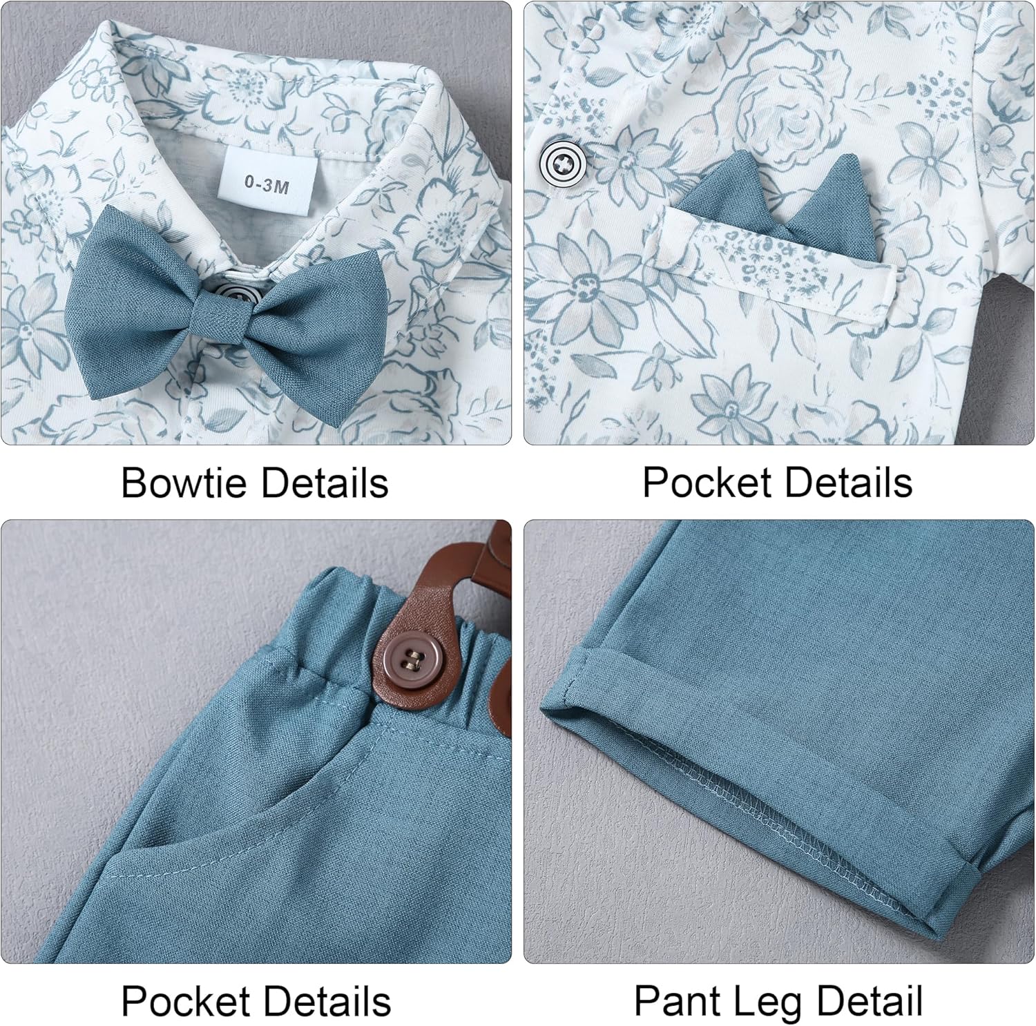 YALLET Baby Boy Clothes Suit Infant Boy Gentleman Outfits Dress Romper Shirt+Bowtie+Suspender Shorts Set - Image 2