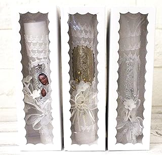 Elegant Our Lady Guadalupe Virgin Mary Baptism Candle Flowers Crystals Cross Lace with Ribbon Favor,Christening,Blessing Day,Communion Candle,Christening Ceremony Candle (Silver)