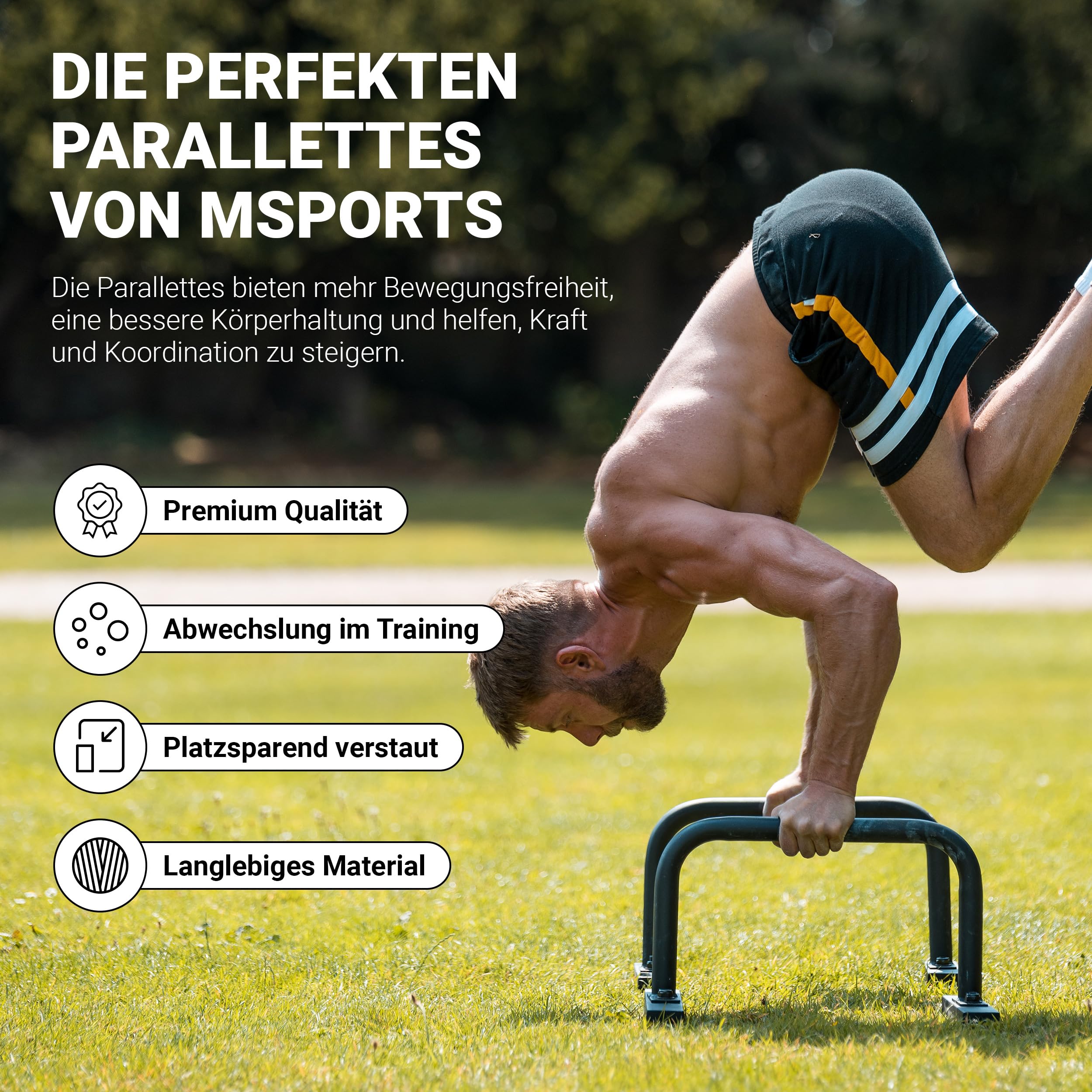 MSPORTS - Parallettes de fitness professionnels - L x l x H :60 x 35 x 29 cm - Composés de barres ou poignées de poussée - Petite taille -
