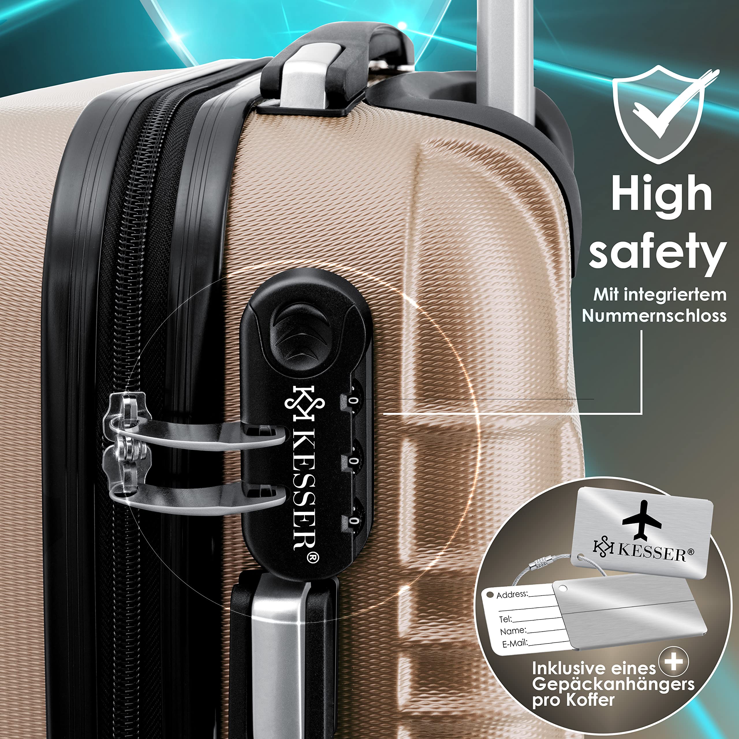 KESSER® Set di 4 valigie rigide, valigia da viaggio, set valigia trolley incl. bilancia per bagagli + etichetta per bagagli, serratura, 4 ruote ABS guscio duro manico telescopico S-M-L-XL