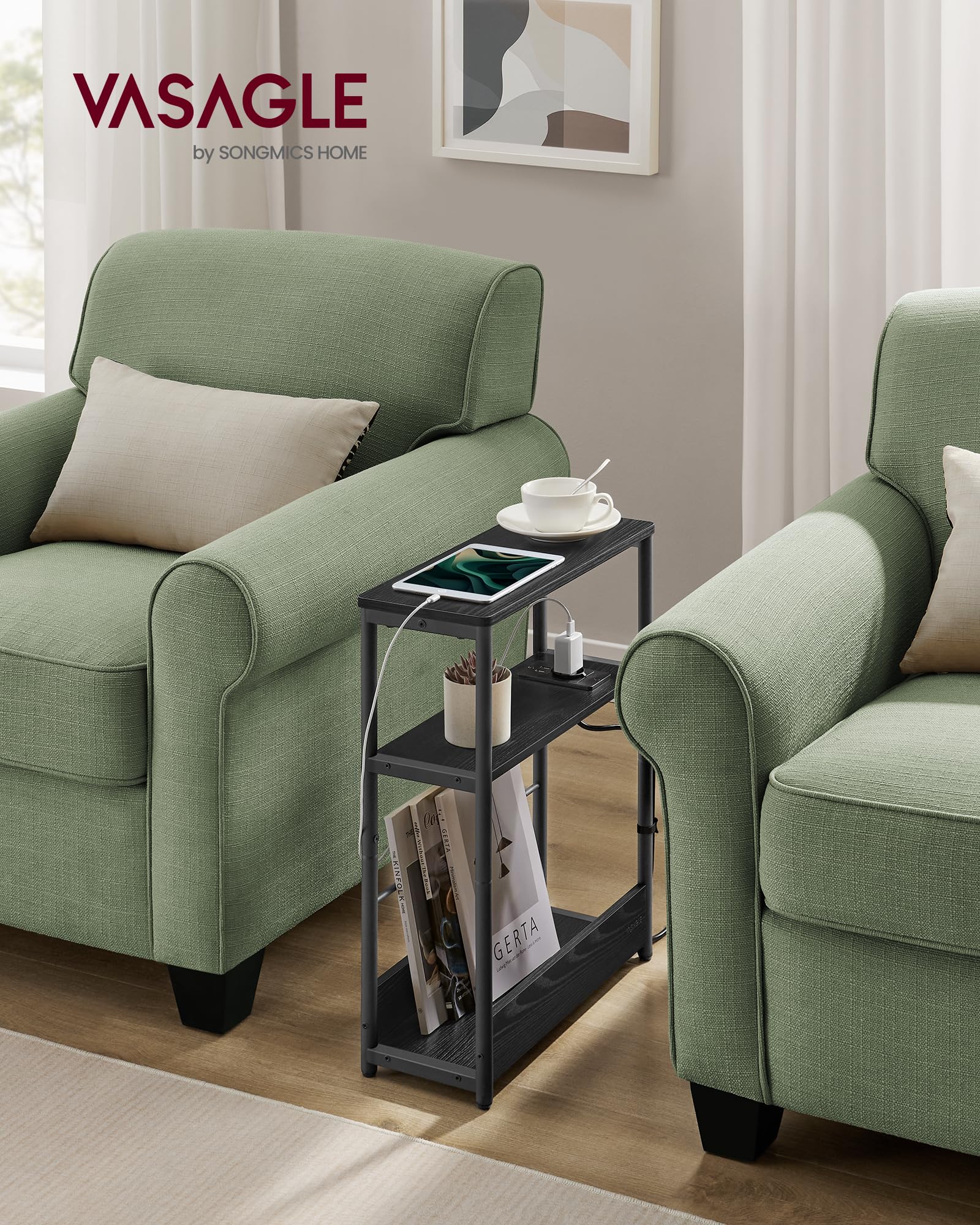 VASAGLE Mesa Auxiliar con Multienchufe, Mesita Estrecha con 3 Estantes, para Espacios Pequeños con Revistero, para Salón, Dormitorio, Estudio, Negro Ébano y Negro Tinta LET335B02