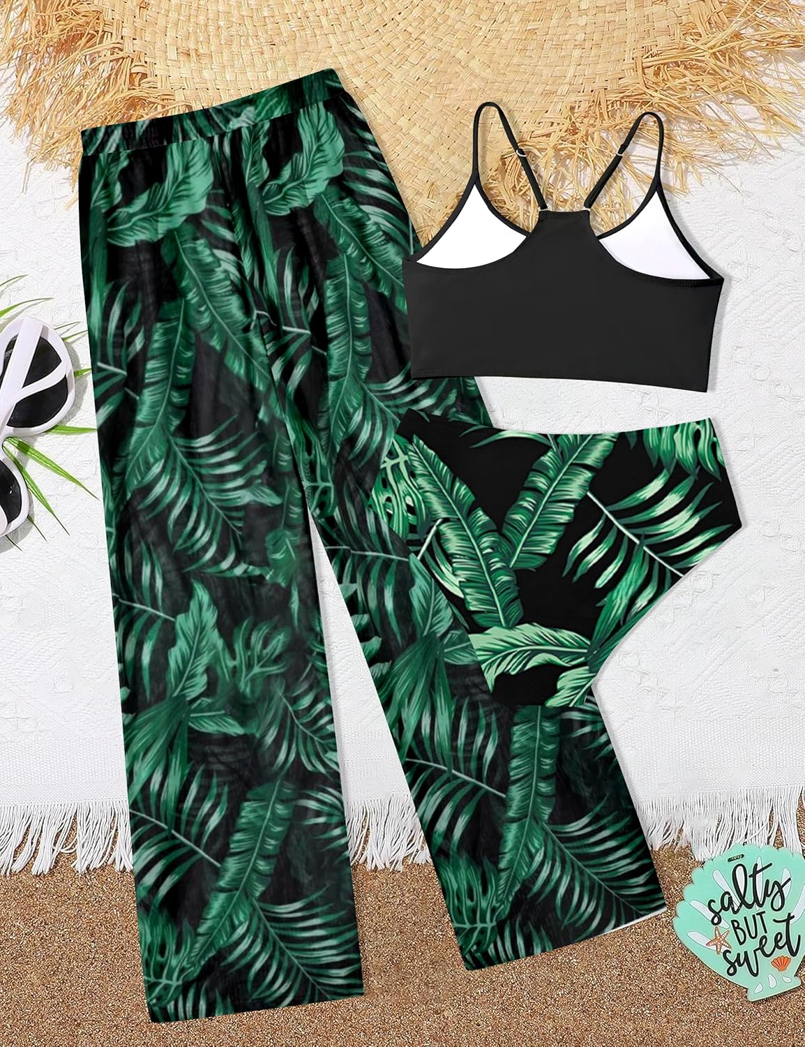 NECIOUS Girls Swimsuit, 3 Piece Bikini Bathing Suit Tropical Floral Swimwear with Cover Up Pants 7-16Y - Image 5