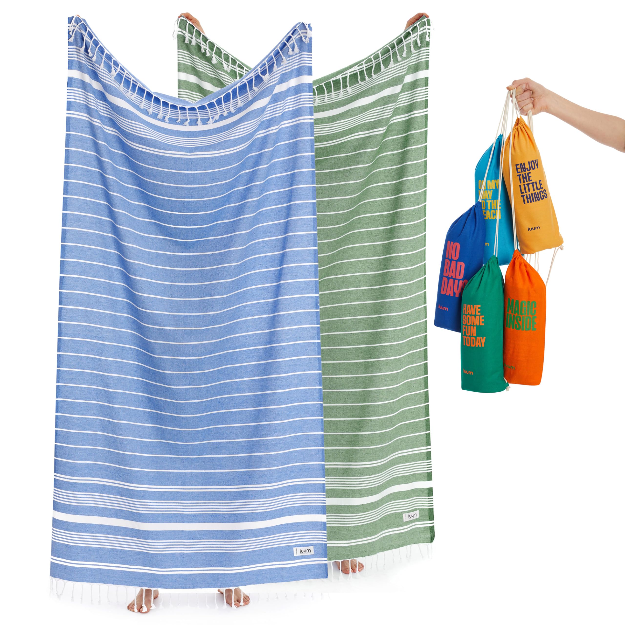 Luum Hamamtuch Strandtuch Saunahandtuch Strandhandtuch Saunatuch Badetuch Reisehandtuch, Campinghandtuch, 2er Set, Damen Herren, Sky Blue/Dark Green (Besser als EIN Mikrofaser Handtuch)