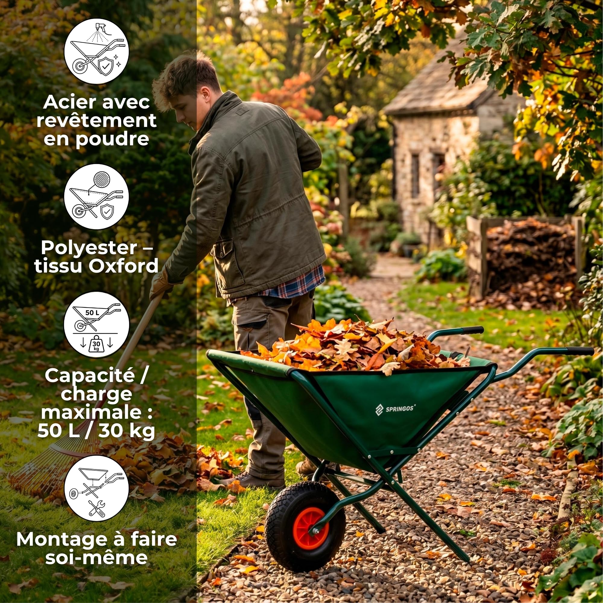 Chariot de jardin pliable de 50 L, avec pneus à air, chariot de transport en tissu Oxford, cadre en acier, compartiments pour outils, brouette pliable pour jardinage, vert