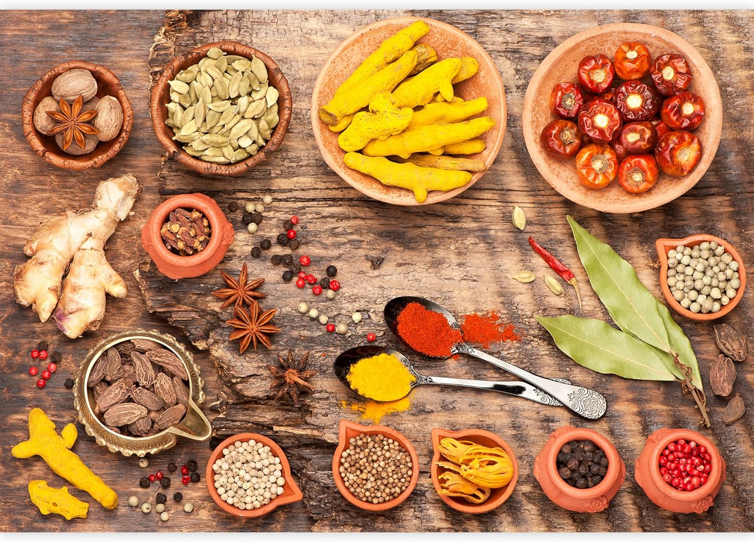 wall26 Removable Wall Sticker/Wall Mural Rustic Wooden Spoon Garlic Herb Spices & Flowers Food & Kitchen Culinary & Cooking Photography Realism Decorative for Living Room, Bedroom, Office - 66"x96"