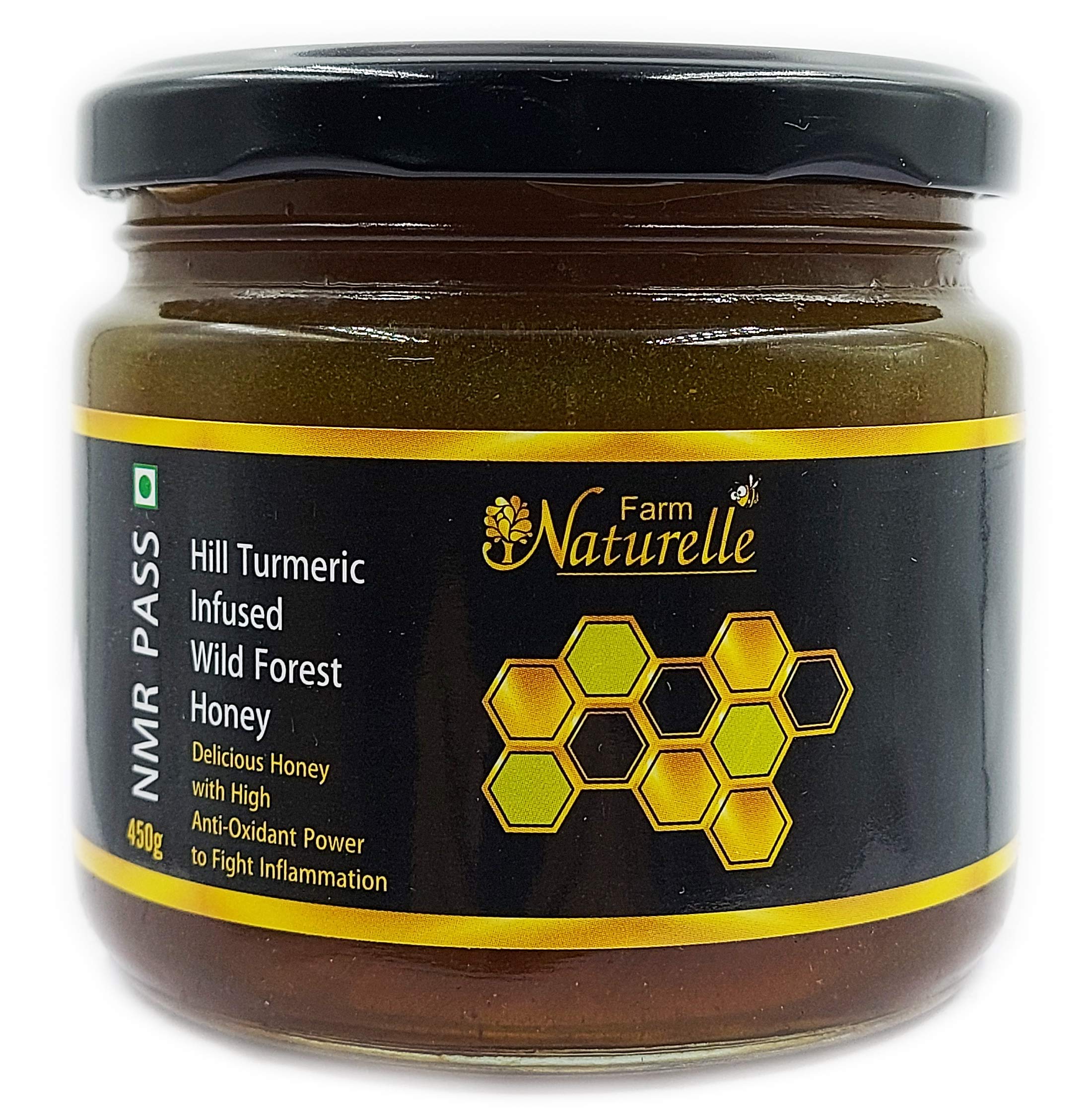 Farm Naturelle - Raw, 100% Natural NMR Tested, Pass, Certified Turmeric Infused In (Forest) Flower Honey (450Gram) Glass Bottle.
