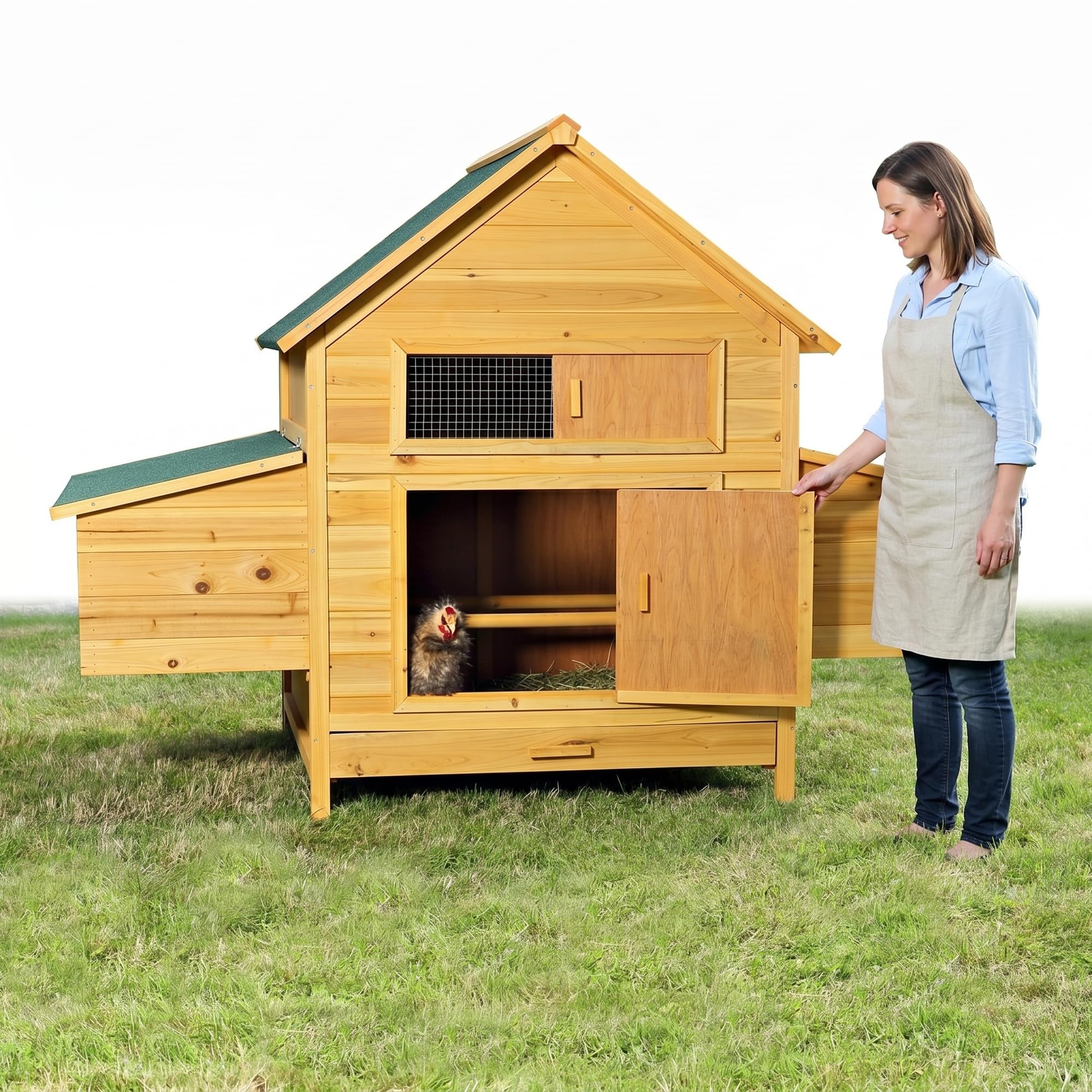 Mucola Hühnerstall XXL 160x115,5 cm Holz Natur – Hühnerhaus mit Freilauf & aufschiebbarem Fenster, abnehmbares Dach – wetterfest Indoor Outdoor – Geflügelstall Hasenstall Kaninchenstall Kleintiere