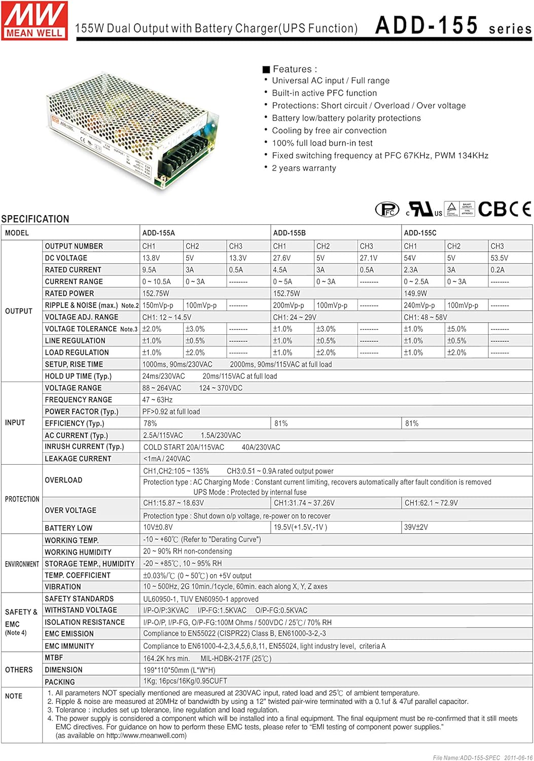 MEAN WELL AD-155C 53.5V 54V 0.2A 2.7A 156.5W Single Output with Battery Charger(UPS Function) Security Series