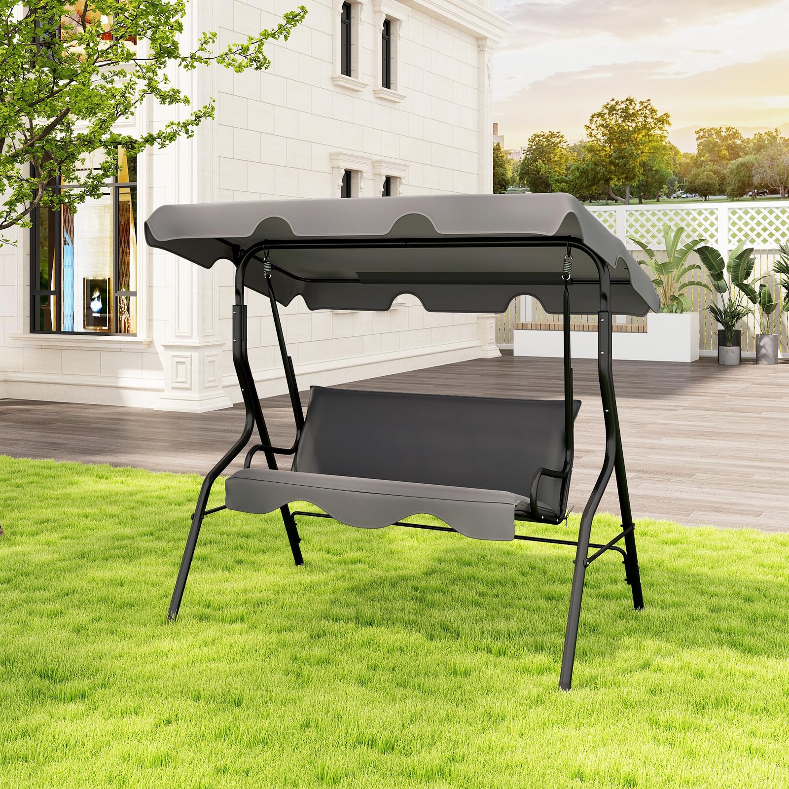 COSTWAY Dondolo da Giardino 3 Posti con Tettuccio Regolabile, Cuscino Removibile, Sedia Sospesso con Struttura in Metallo, Portata 225 kg, 172 x 110 x 154 cm (Grigio)