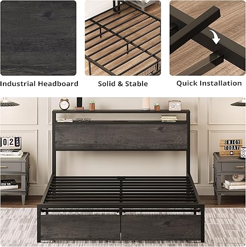 Miniatura 50 de LIKIMIO Base de cama Queen con cabecera de almacenamiento, cama de plataforma con cajones y estación de carga, no necesita somier, fácil montaje,