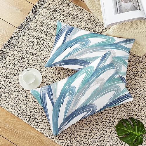 Miniatura 5 de CaliTime Juego de 2 fundas de almohada decorativas de vellón de dos tonos con plumas abstractas para sofá, cama, decoración de casa rural, 12 x 20