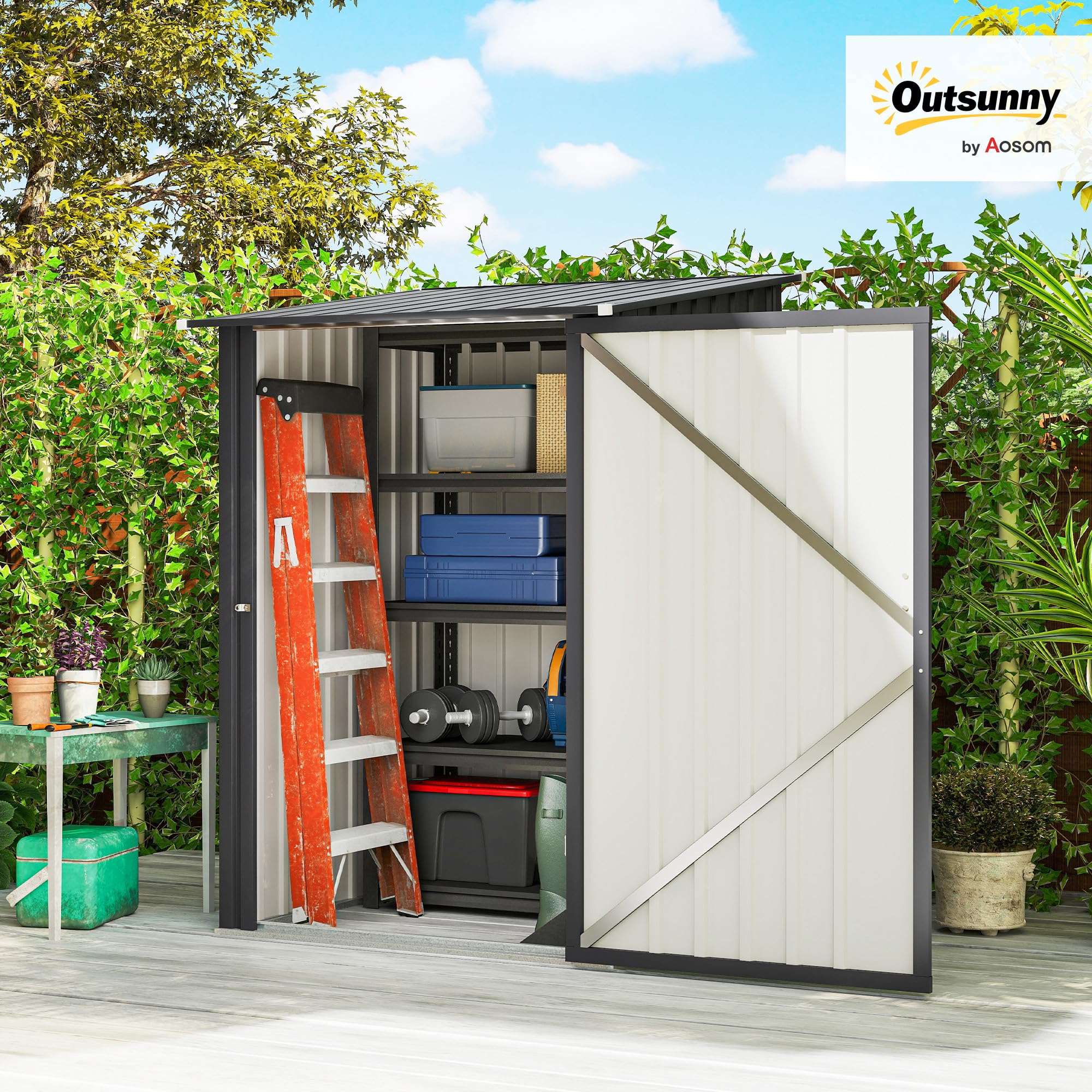 Outsunny Casetta da Giardino 0.92m² in Acciaio Zincato, Capanno Porta Attrezzi con Porta Battente Bloccabile, Tetto Inclinato, 100x104x160 cm, Grigio Scuro