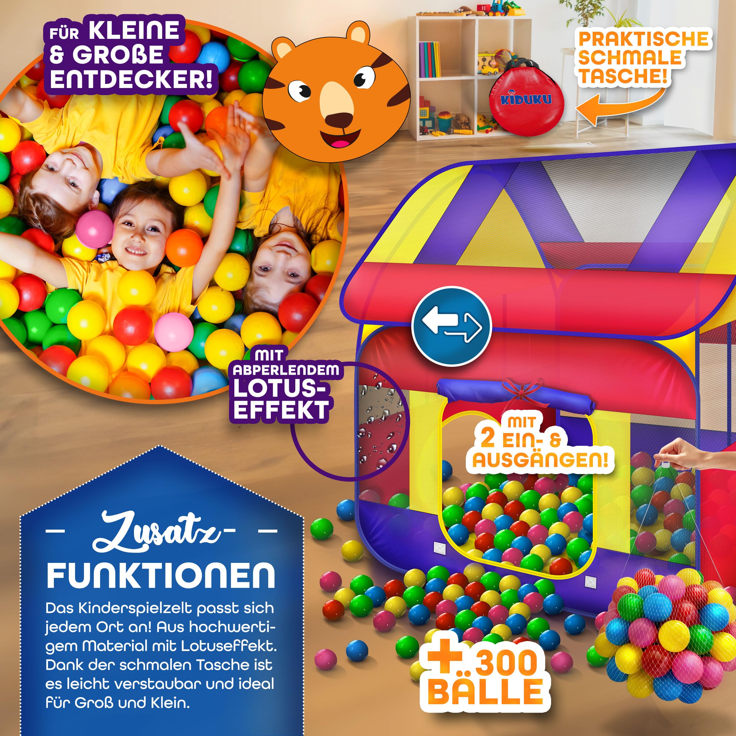 KIDUKU® Bällebad XXL + 300 Bälle + Tasche Spielhaus Babyzelt Spielzelt Kinderzelt ideal für dinnen und draußen