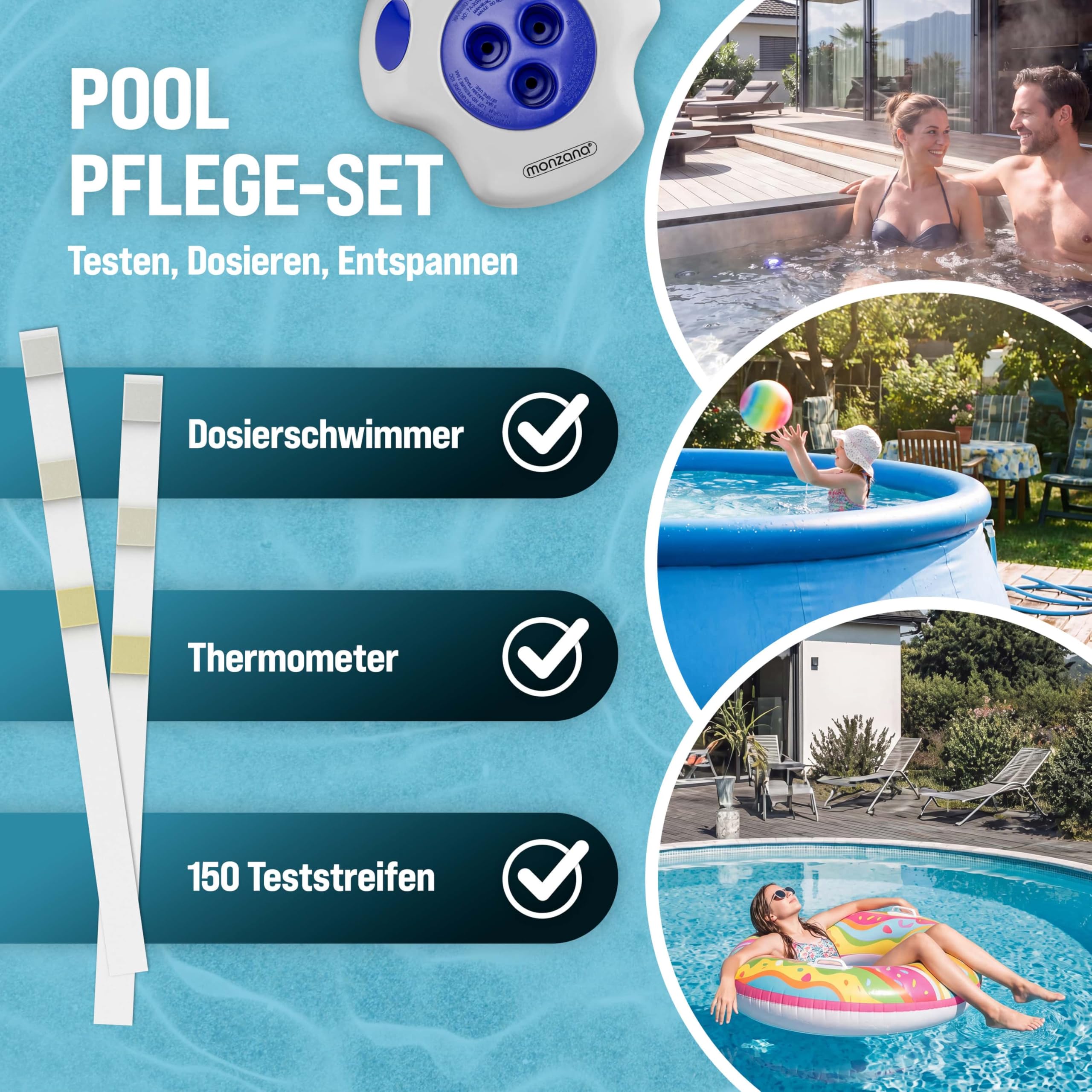 MONZANA® Dosierschwimmer Pool für 20-200g Tabletten inklusive 150 3in1 Teststreifen Klein Groß UV- Resistent Chlor Schwimmer Dosierer mit Thermometer