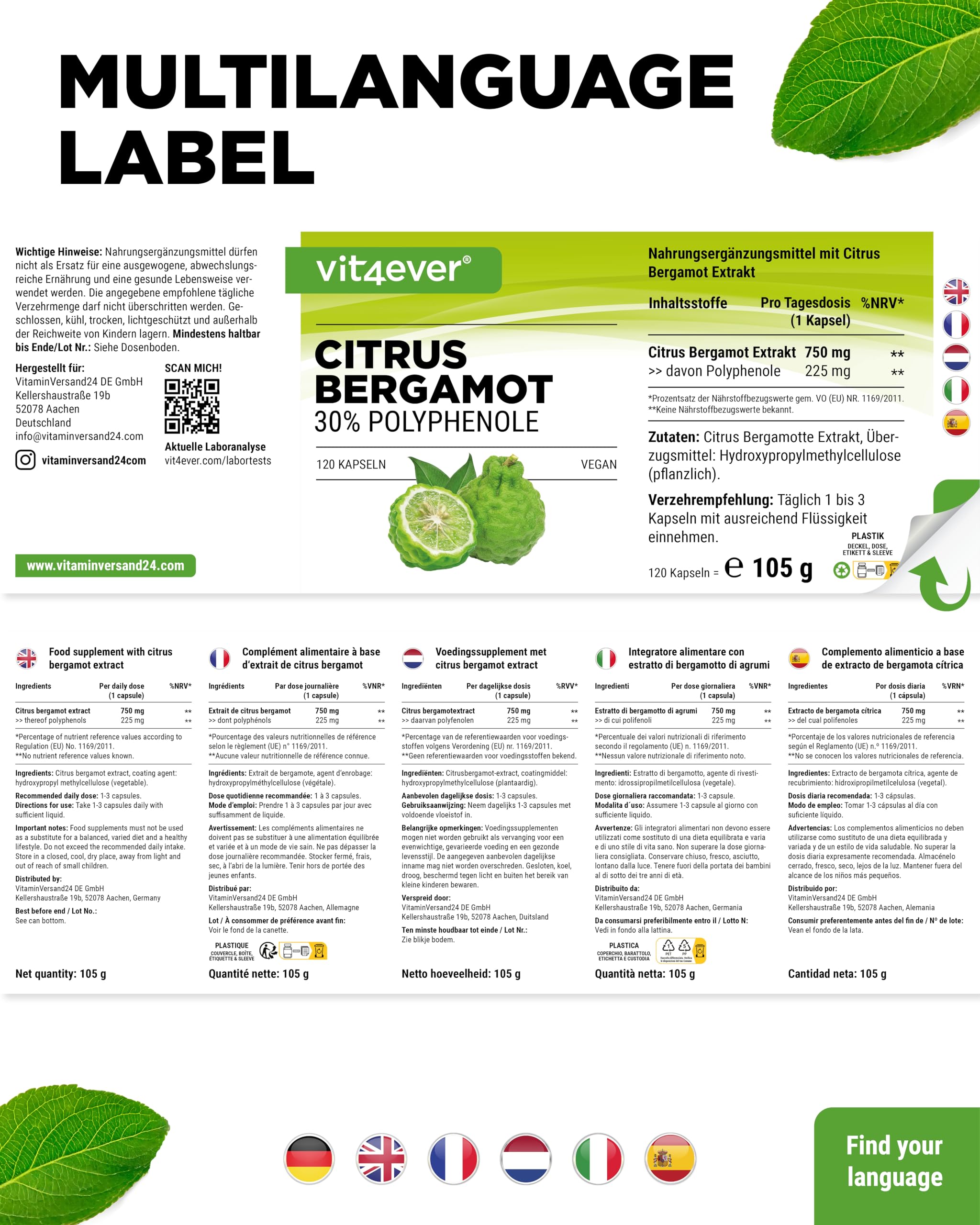 Citrus Bergamot - 120 Kapseln hochdosiert mit je 750 mg Extrakt - Premium: 30% Polyphenole - Kreuzung aus Zitronatzitrone & Bitterorange - Vegan, ohne unnötige Zusätze