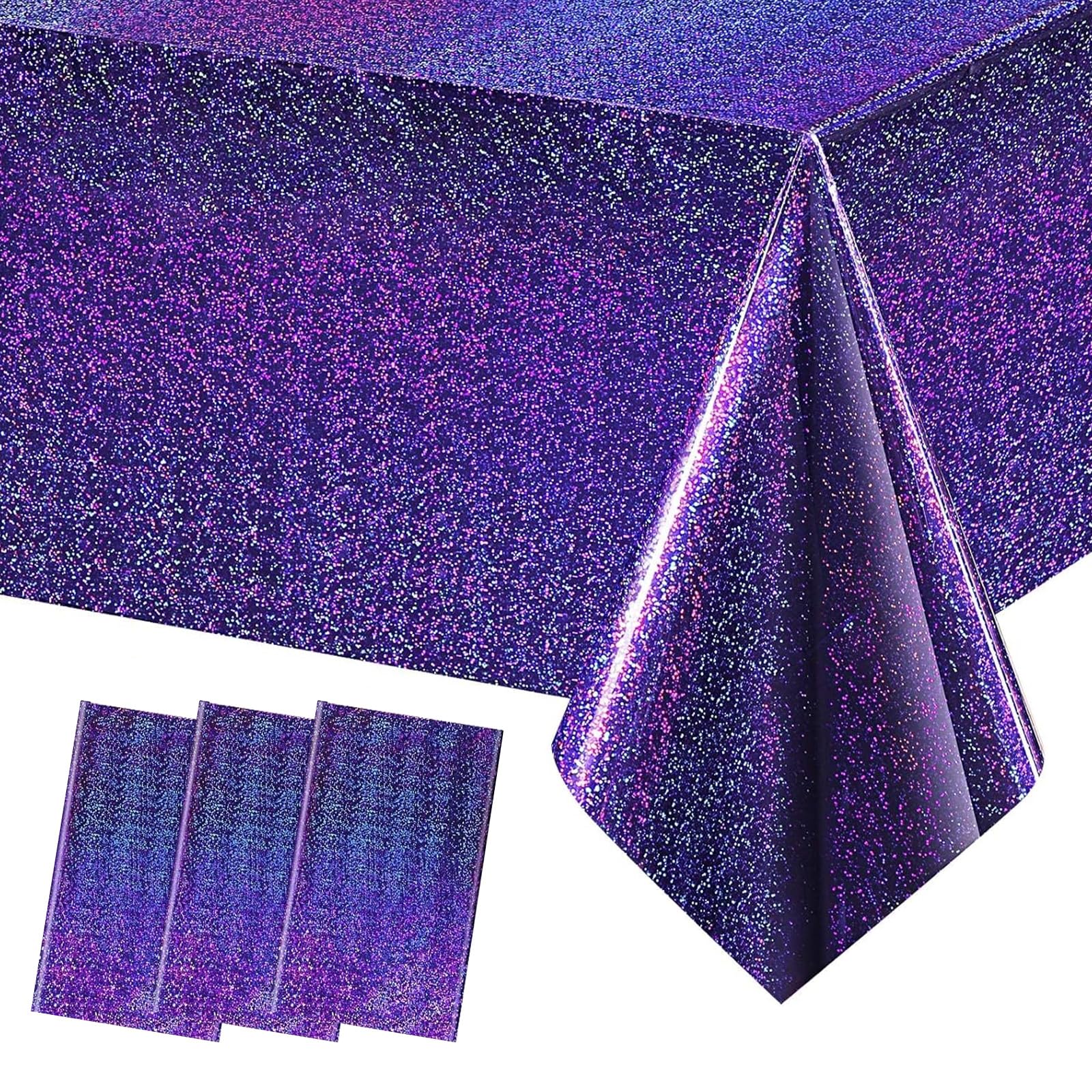 MOMAHUA 3 Pack Glitter Table Cloth,Purple Plastic Glitter Tablecloth for Iridescent Party,137x274cm Shiny Table Cover,Diamond Foil Rectangular Tablecloth for Wedding,Birthday,Garden Party Decor