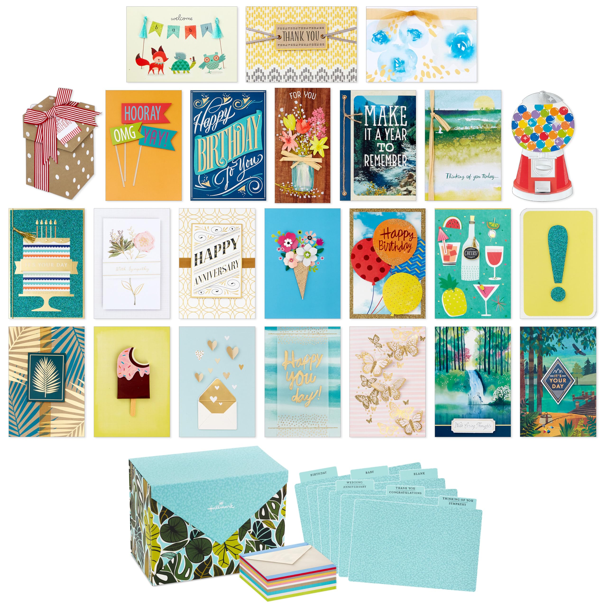 Hallmark Paquete de 24 tarjetas de felicitación hechas a mano en caja surtidas, vegetación moderna, cumpleaños, baby shower, boda, condolencias, pensando en ti, tarjetas de agradecimiento