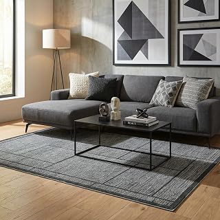 Garvee Washable 5x7 Area Rugs for Living Room, Modern Geometric Non Slip Bedroom Rugs, Low Pile Ultra Thin Patchworked Rug for Dining Room Office, Non Shed Stain Resistant Home Decor Rug, Dark Grey
