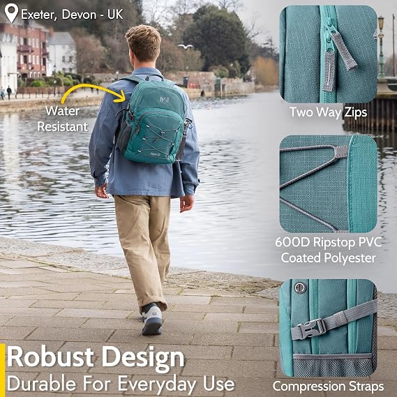 Trail Aspen Day Pack Backpack, 30L, Teal | Breathable Padded Back & Straps, 3 Zip Compartments, Side Pockets, USB / Headphone Port, Bungee Cords, Compression Straps