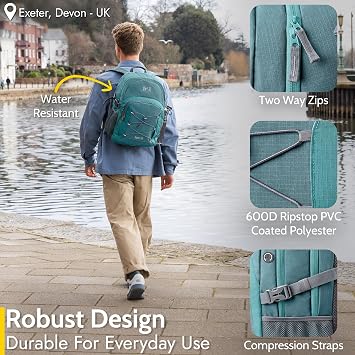 Trail Aspen Day Pack Backpack, 30L, Teal | Breathable Padded Back & Straps, 3 Zip Compartments, Side Pockets, USB / Headphone Port, Bungee Cords, Compression Straps