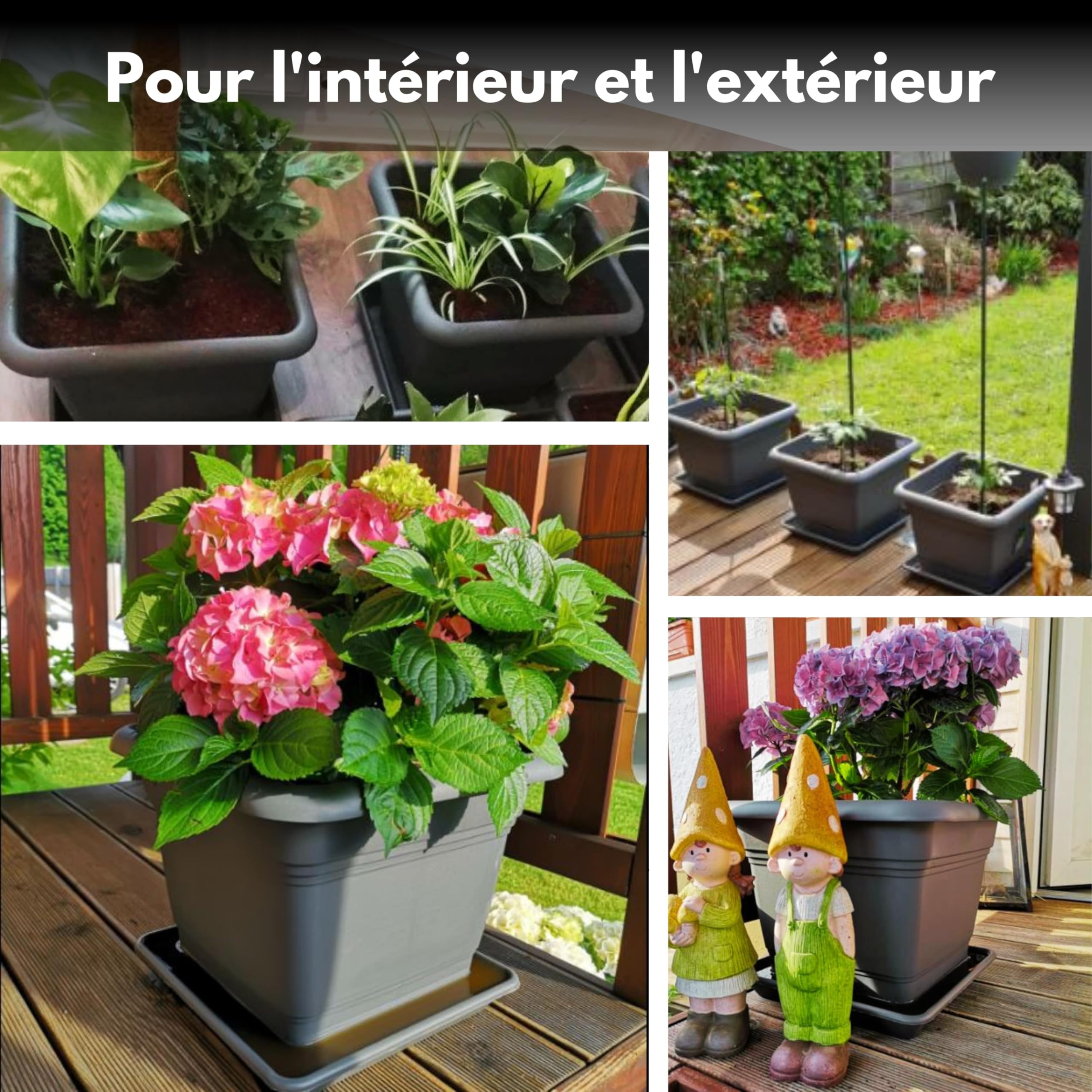 Don - Lot de 3 pots de fleurs - Grand extérieur - 40 x 40 cm - Avec soucoupe - En plastique - Fabriqué en Allemagne - Anthracite