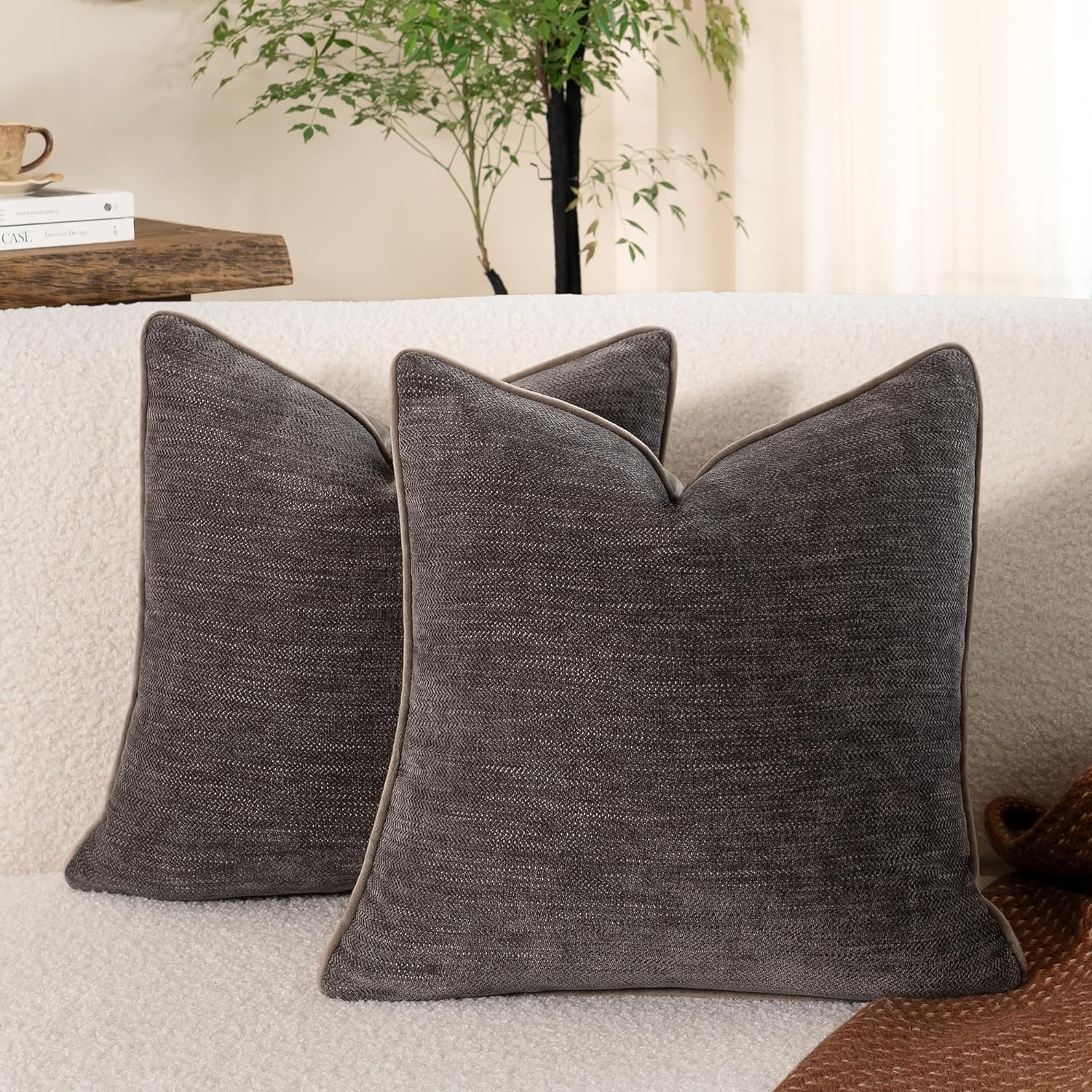 MATTINS Soft Textured Chenille Throw Pillow Covers Set of 2 Neutral Decor Modern Farmhouse Pillow Cases Home Decorative Couch Cushion Covers for Sofa Bedroom Living Room Black Grey 16x16 Inch
