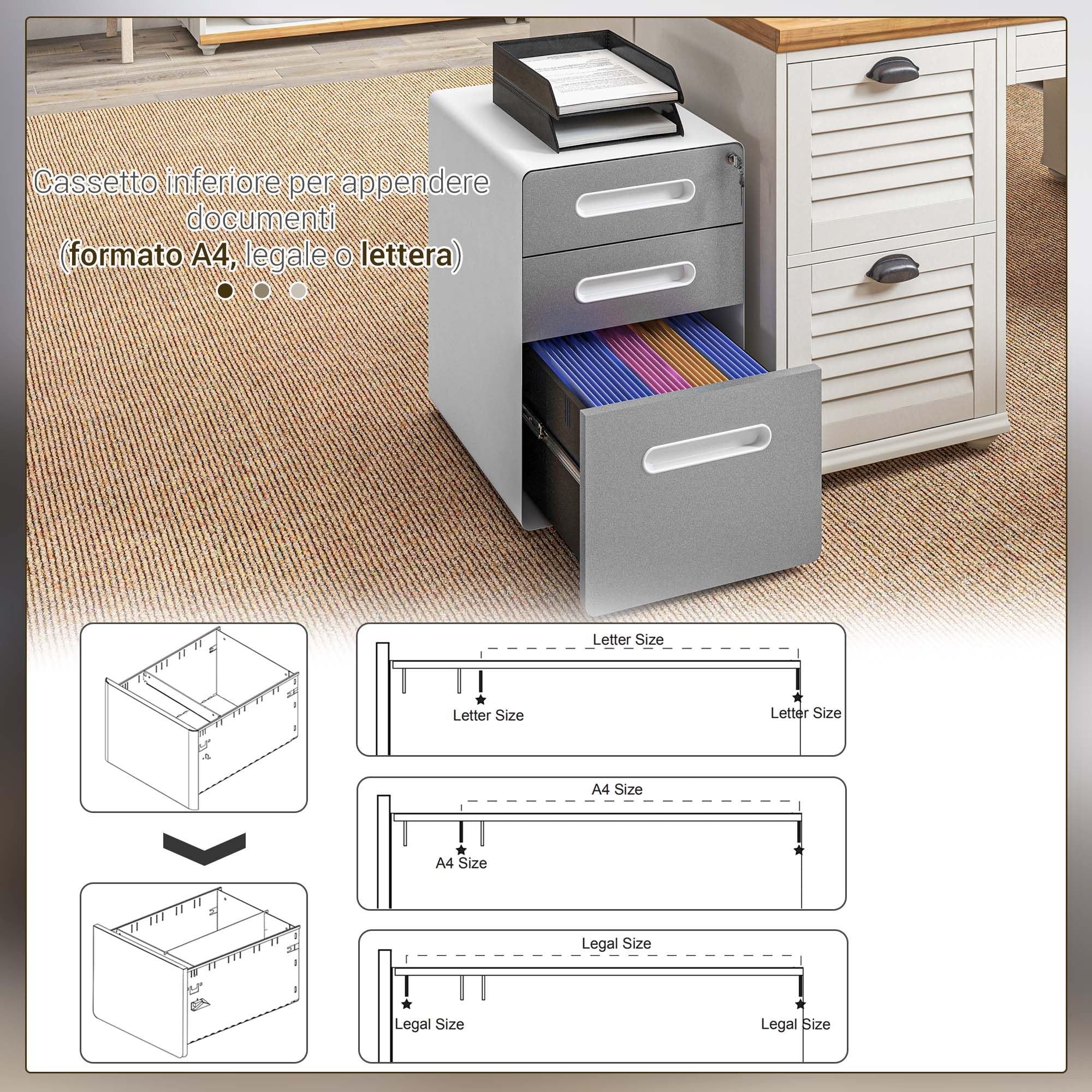 Vinsetto Cassettiera da Ufficio 3 Cassetti con Serratura, Grigio Chiaro | Ruote, Mobile per Ufficio, Portadocumenti Formato A4 Legale e Lettera